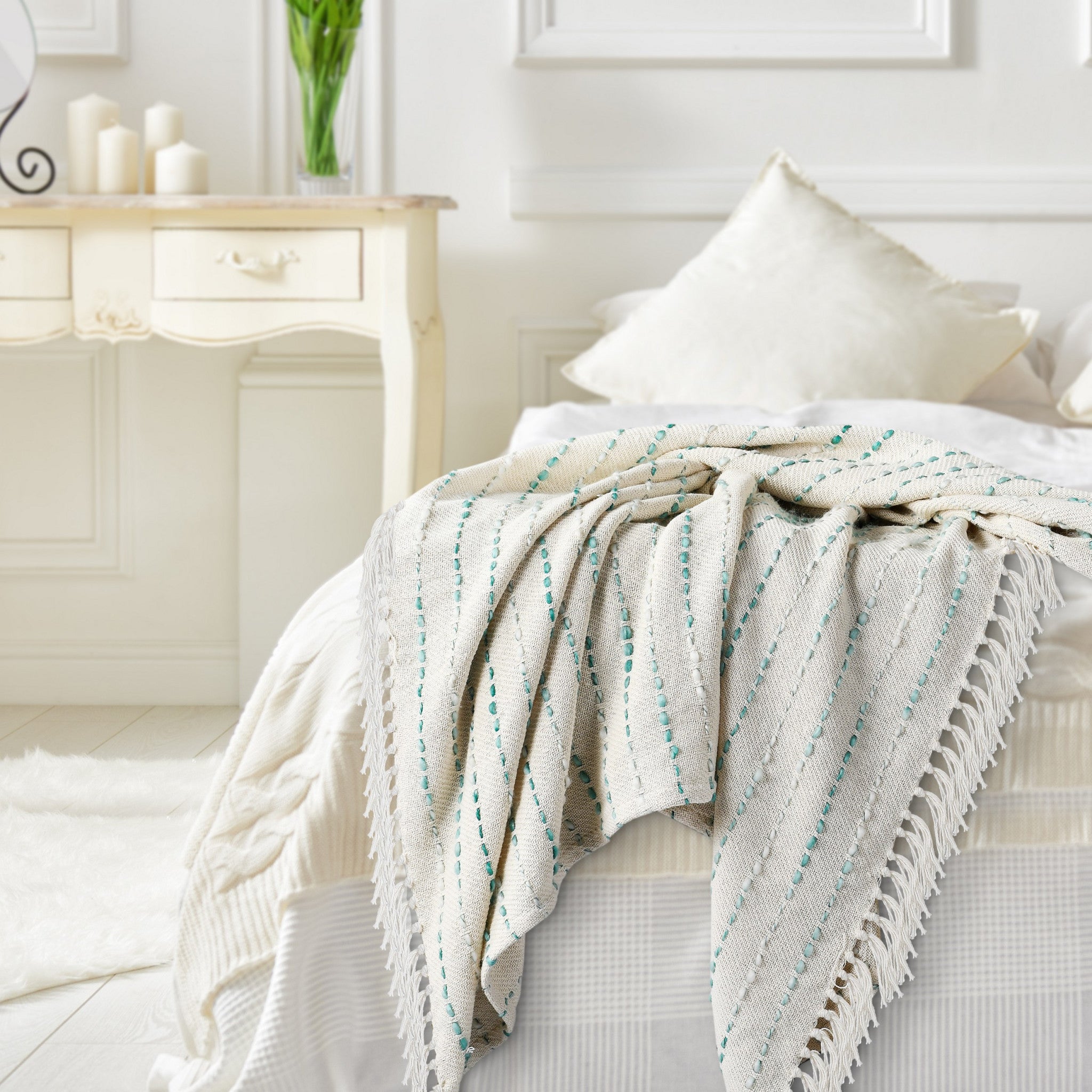 Cream Woven Cotton Striped Throw Blanket - Minihomy