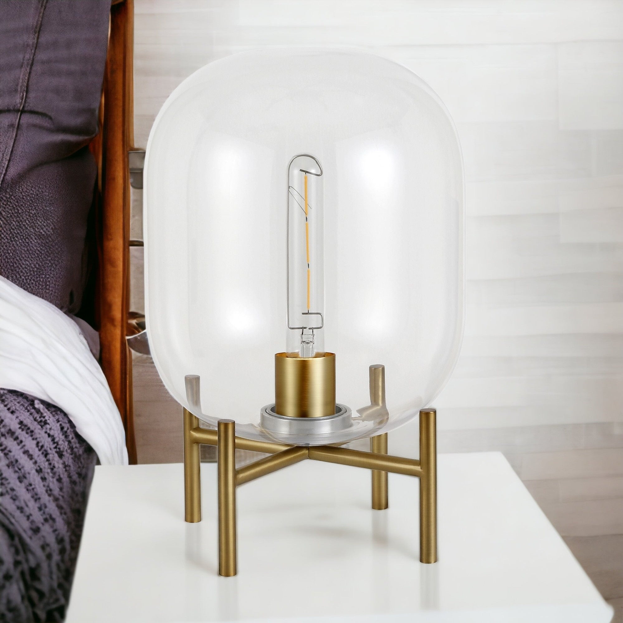 15" Brass Metal Table Lamp With Clear Cylinder Shade - Minihomy