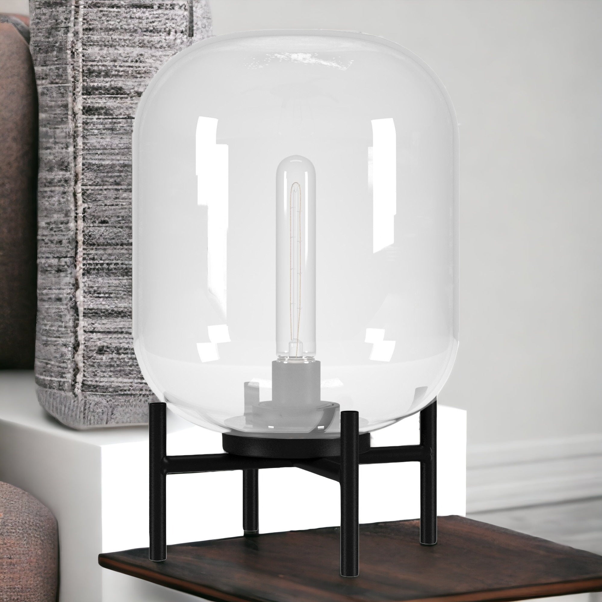 15" Black Metal Table Lamp With Clear Cylinder Shade - Minihomy