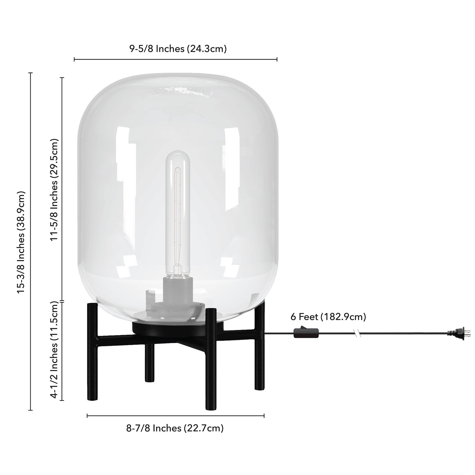 15" Black Metal Table Lamp With Clear Cylinder Shade - Minihomy