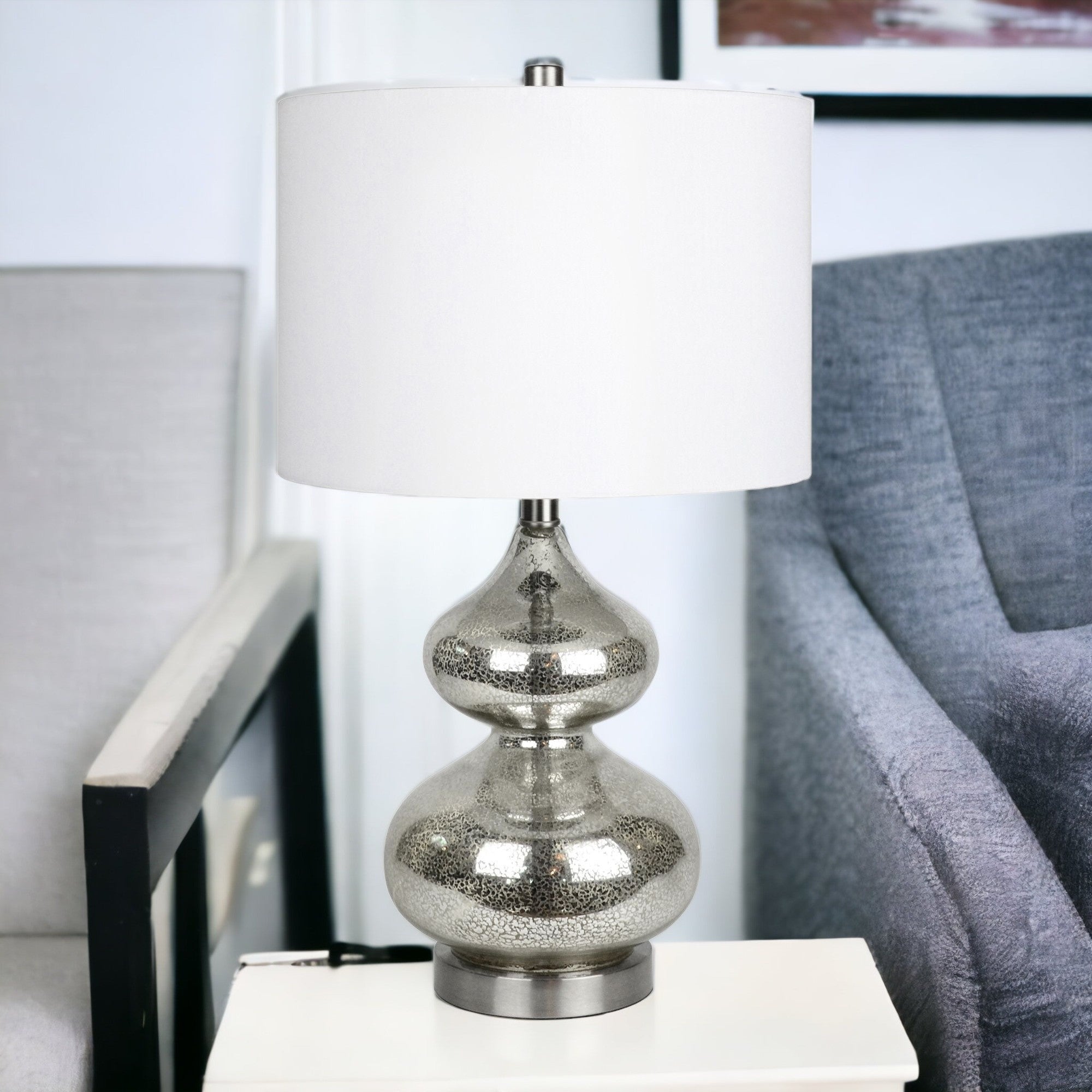 23" Nickel Glass Table Lamp With White Drum Shade - Minihomy