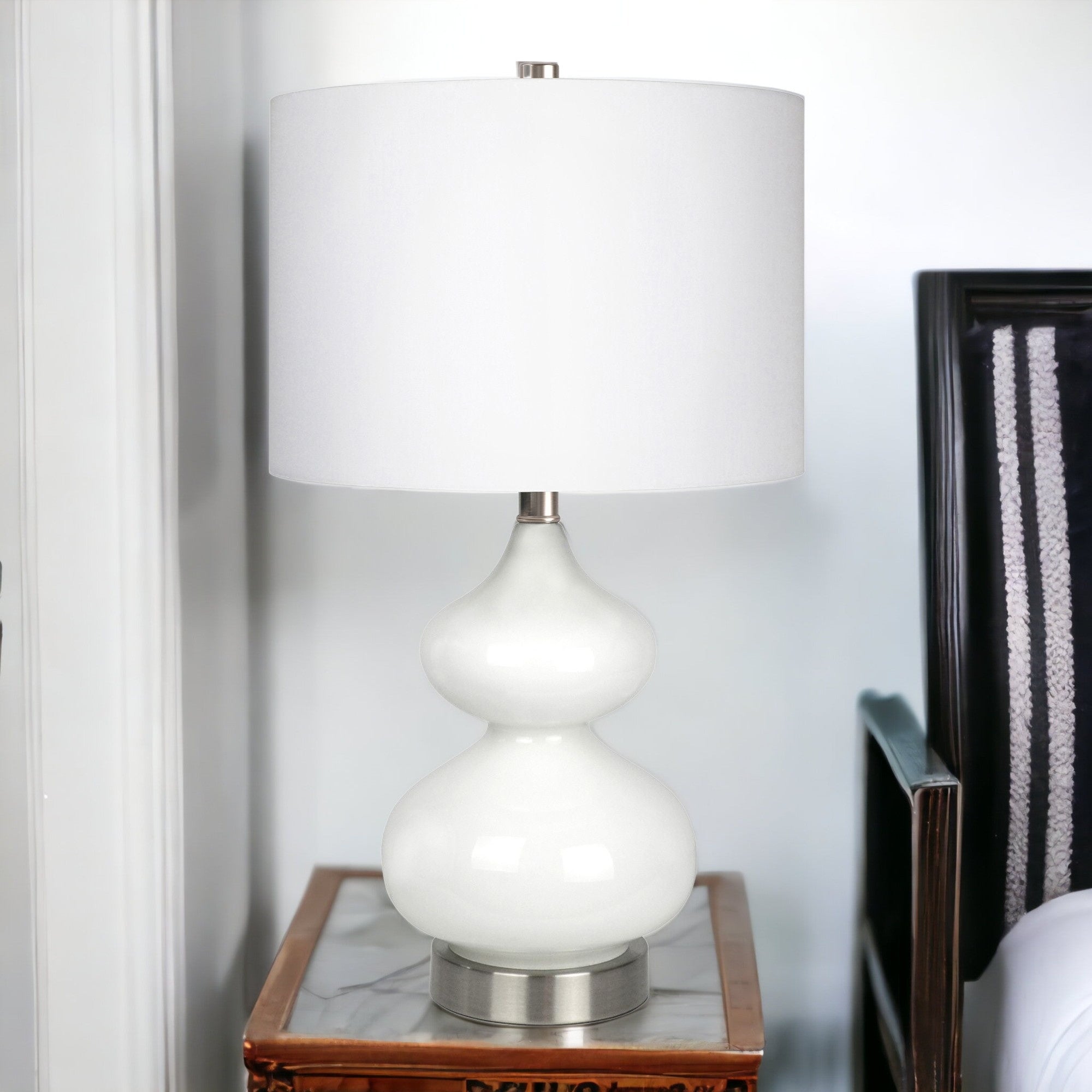 23" White and Silver Glass Table Lamp With White Drum Shade - Minihomy