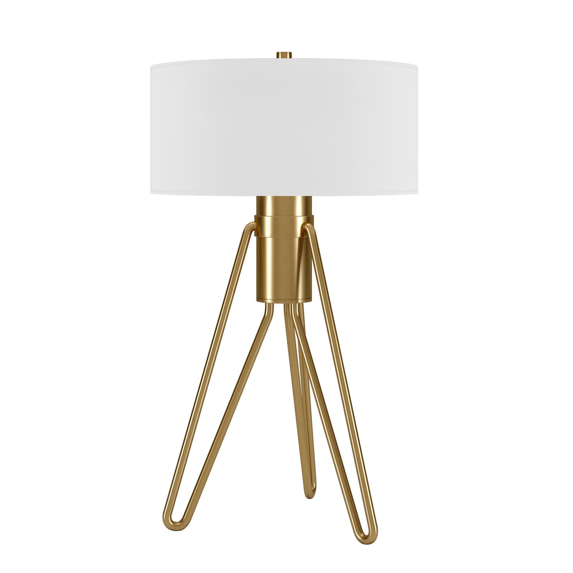 25" Brass Metal Two Light Tripod Table Lamp With White Drum Shade - Minihomy