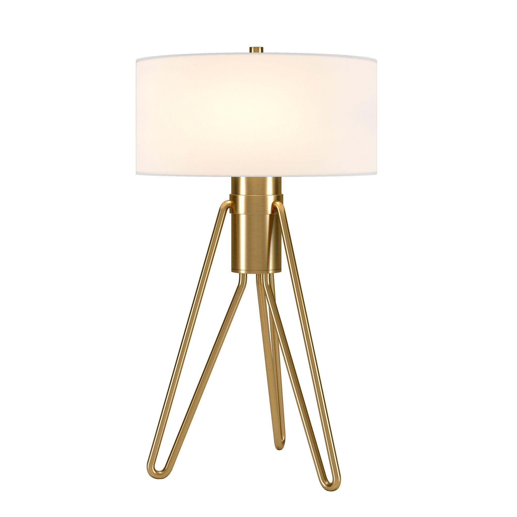 25" Brass Metal Two Light Tripod Table Lamp With White Drum Shade - Minihomy