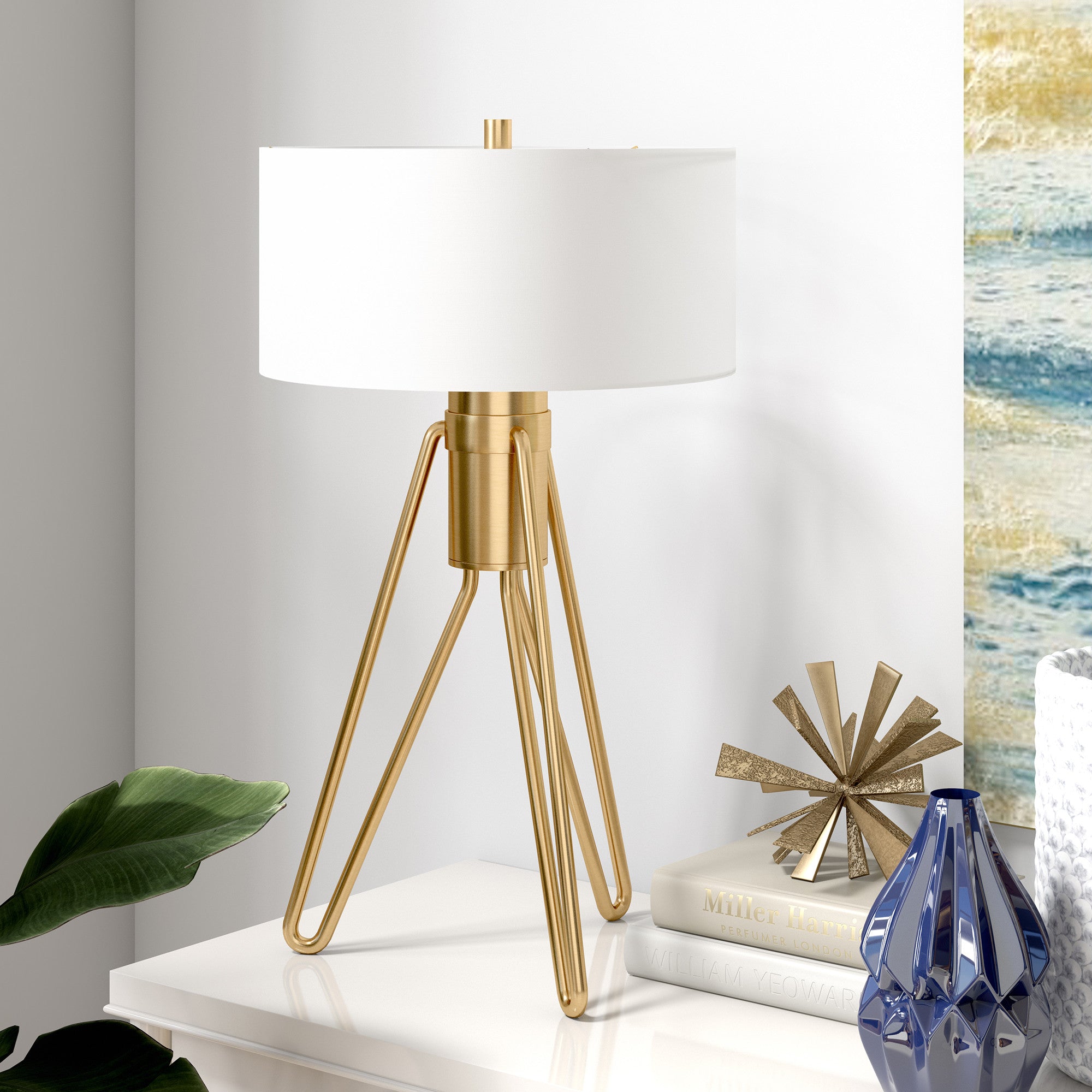 25" Brass Metal Two Light Tripod Table Lamp With White Drum Shade - Minihomy