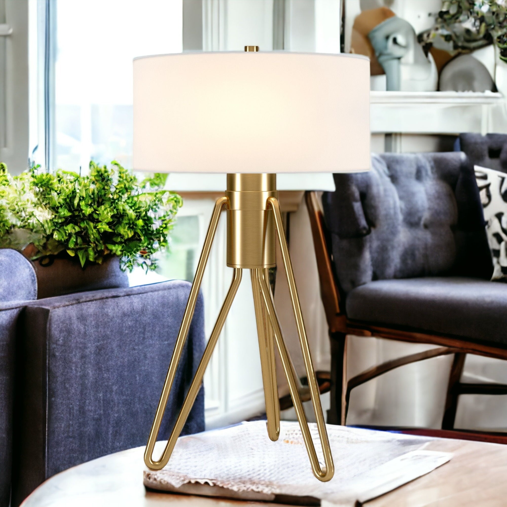 25" Brass Metal Two Light Tripod Table Lamp With White Drum Shade - Minihomy