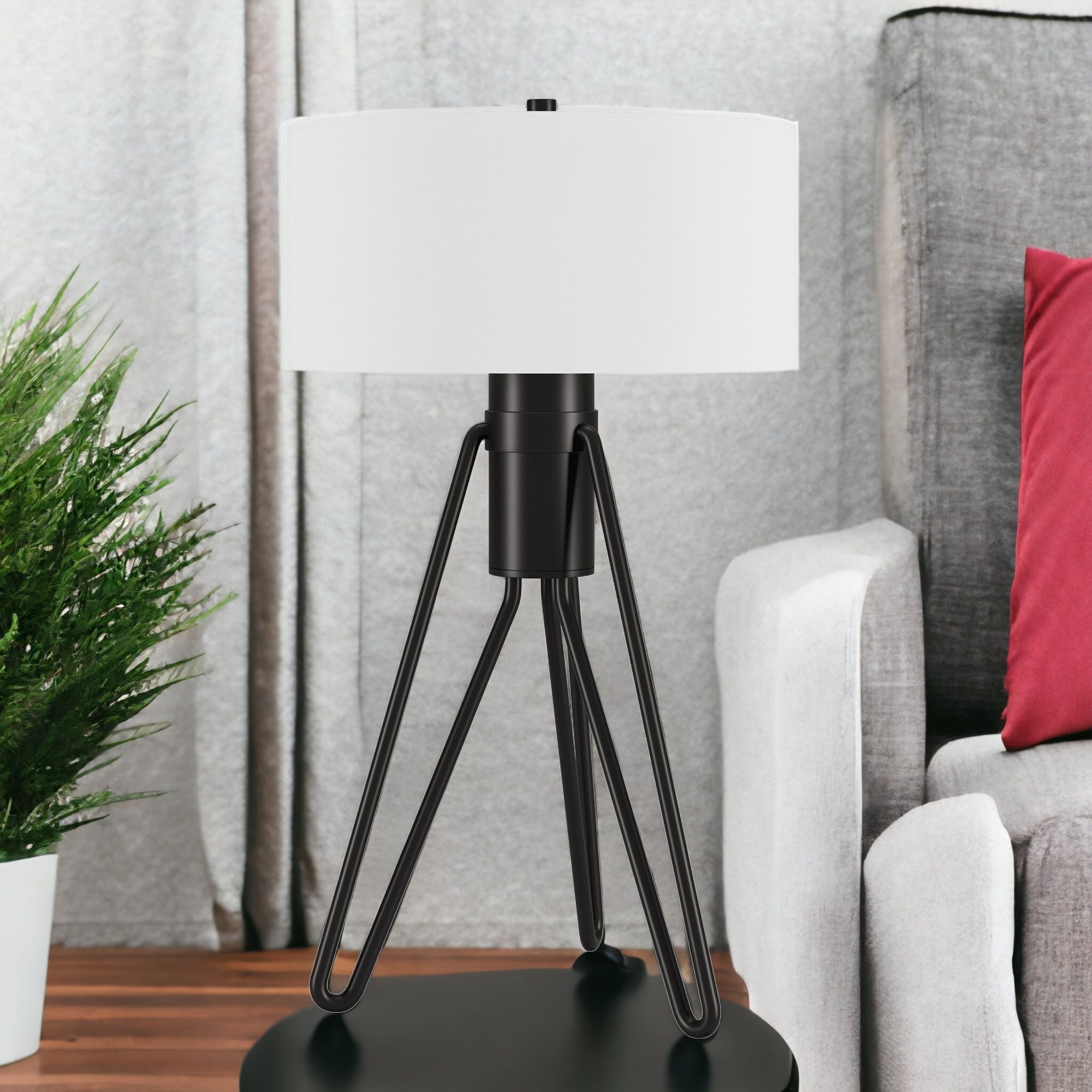 25" Black Metal Two Light Tripod Table Lamp With White Drum Shade - Minihomy