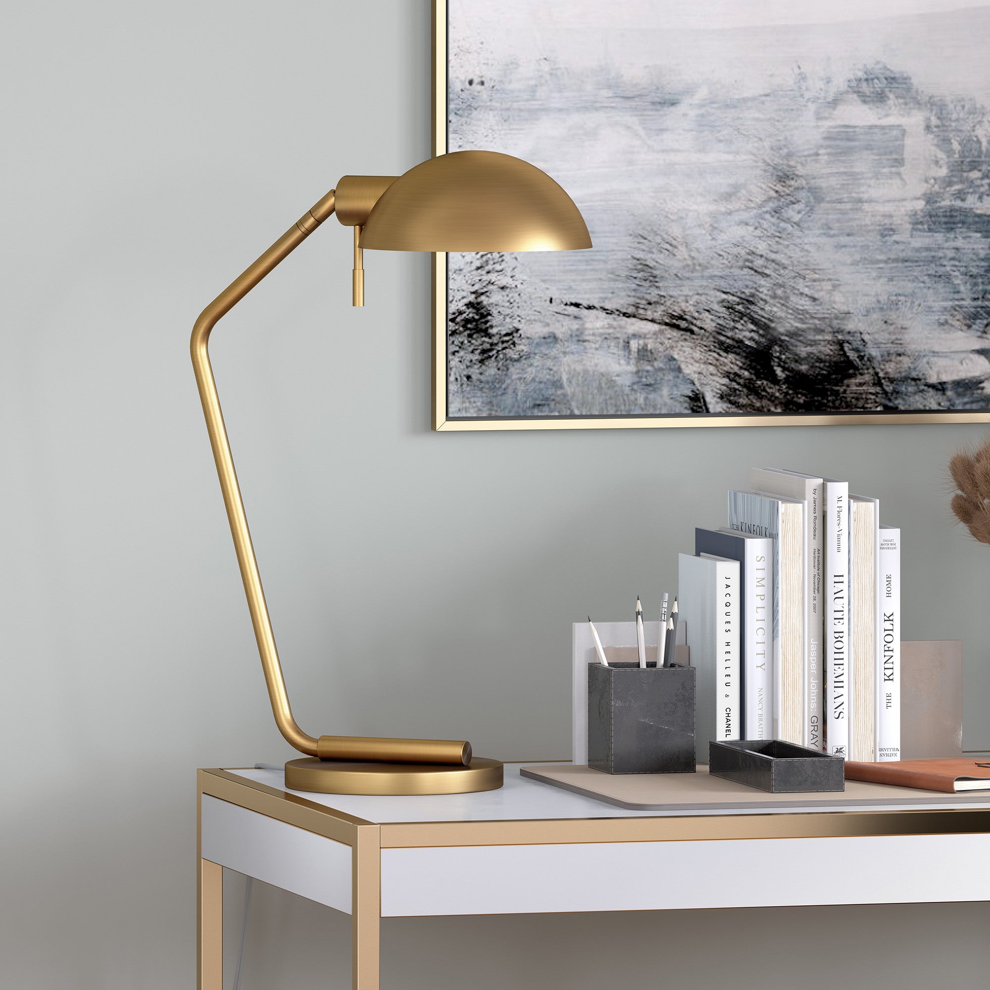 20" Brass Metal Desk Table Lamp With Brass Dome Shade - Minihomy