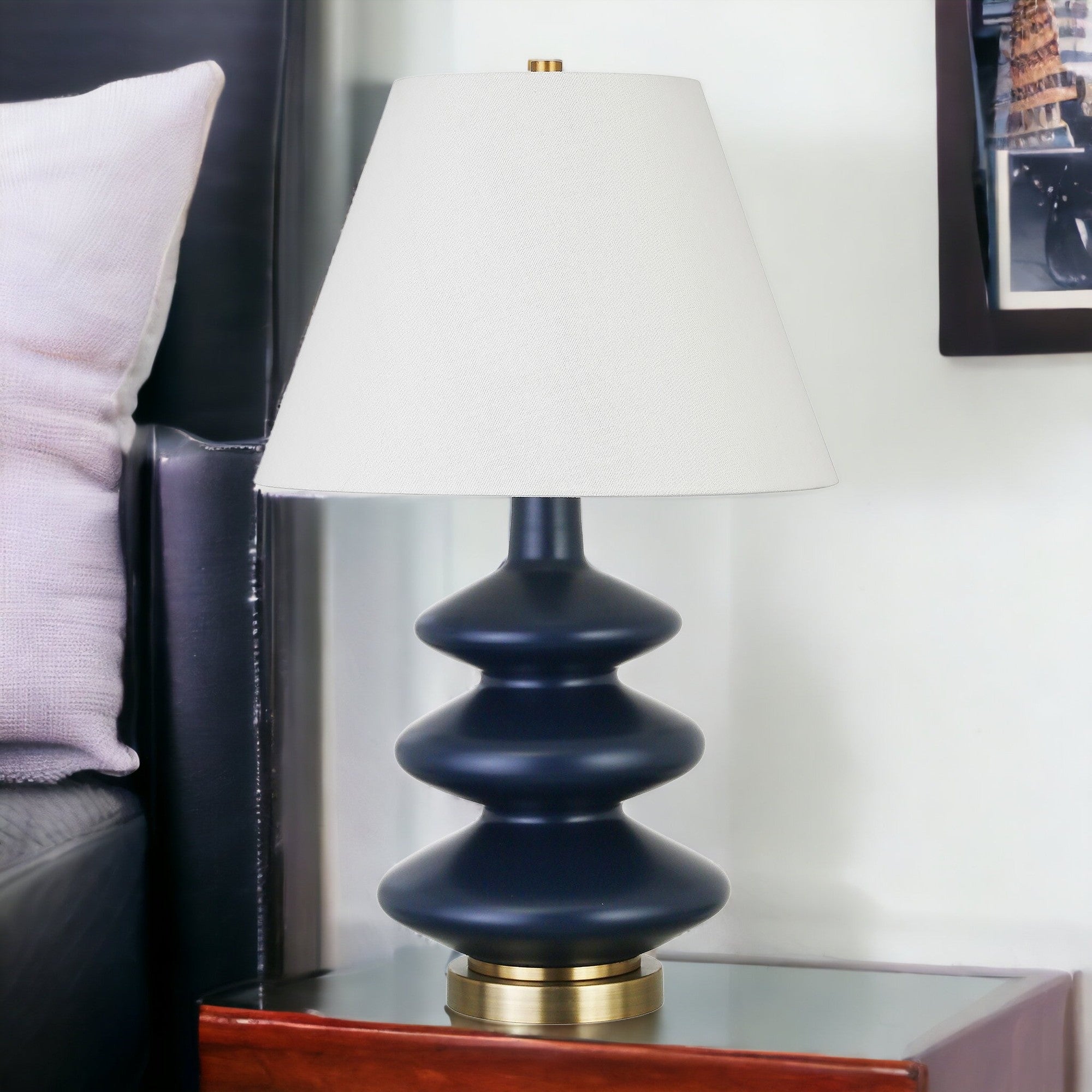 26" Blue and Gold Glass Table Lamp With White Empire Shade - Minihomy