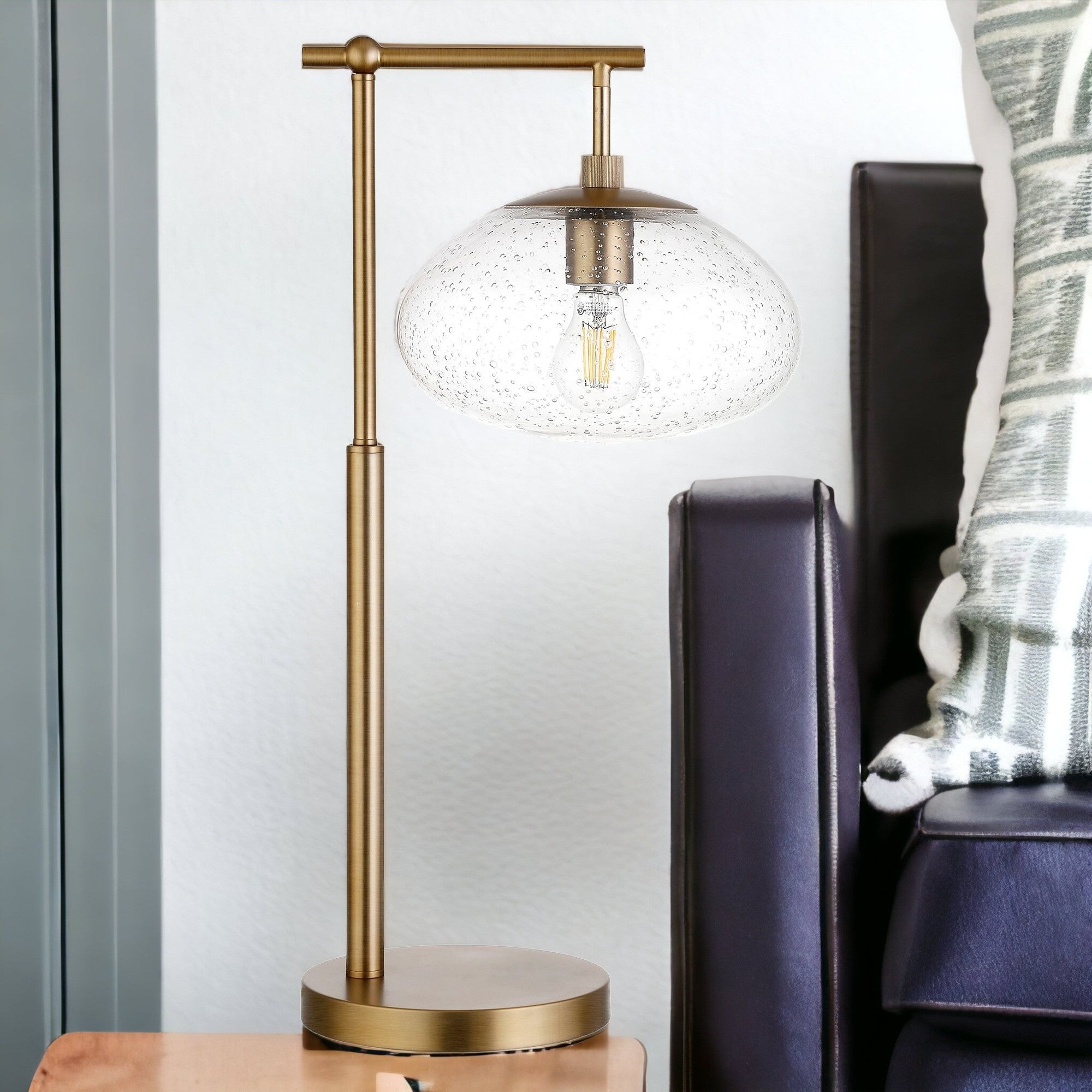 25" Brass Metal Arched Table Lamp With Clear Seeded Globe Shade - Minihomy