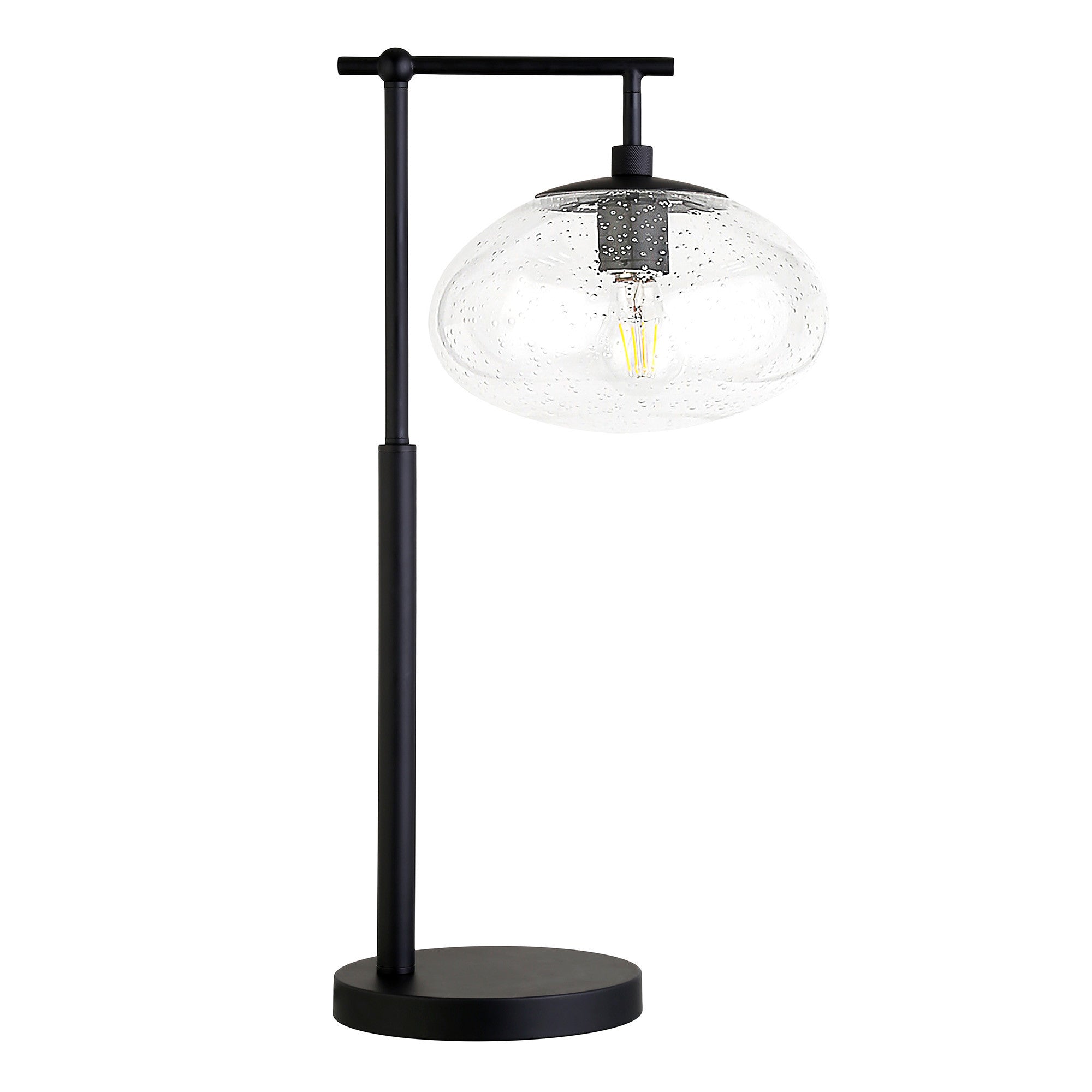 25" Black Metal Arched Table Lamp With Clear Seeded Globe Shade - Minihomy