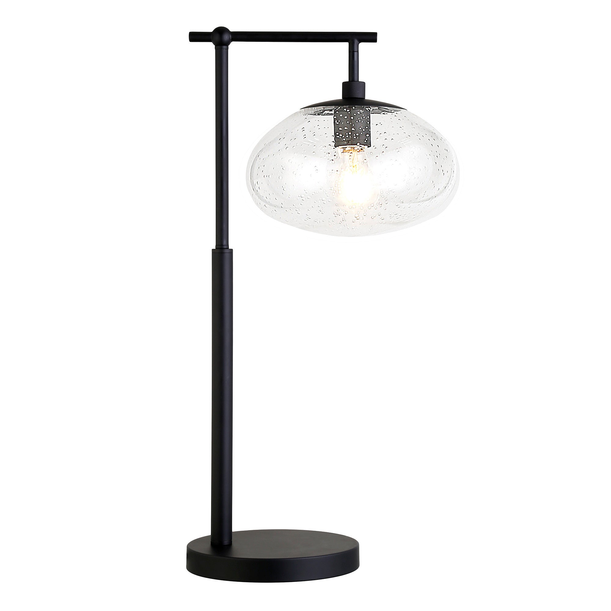 25" Black Metal Arched Table Lamp With Clear Seeded Globe Shade - Minihomy