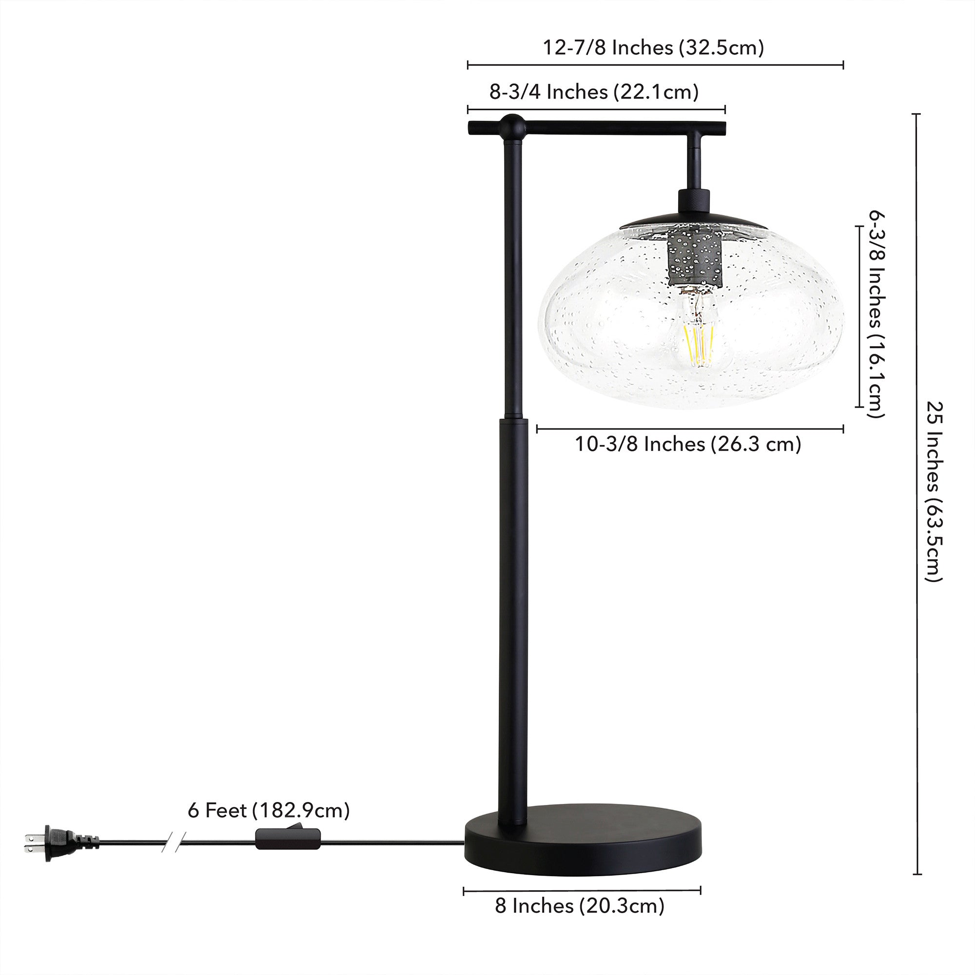 25" Black Metal Arched Table Lamp With Clear Seeded Globe Shade - Minihomy