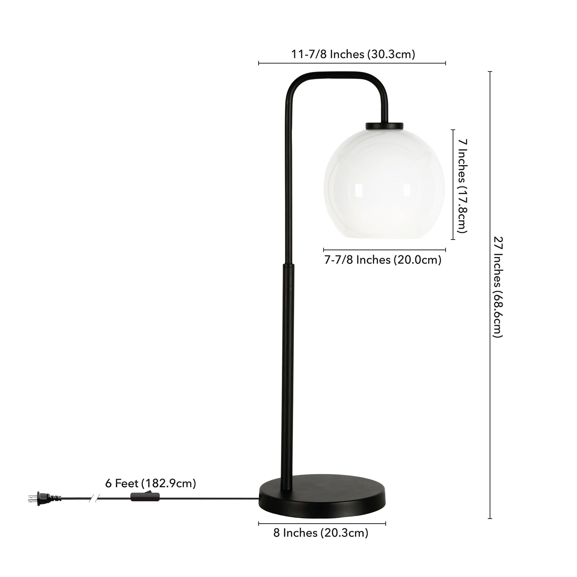 27" Black Metal Arched Table Lamp With White Globe Shade - Minihomy