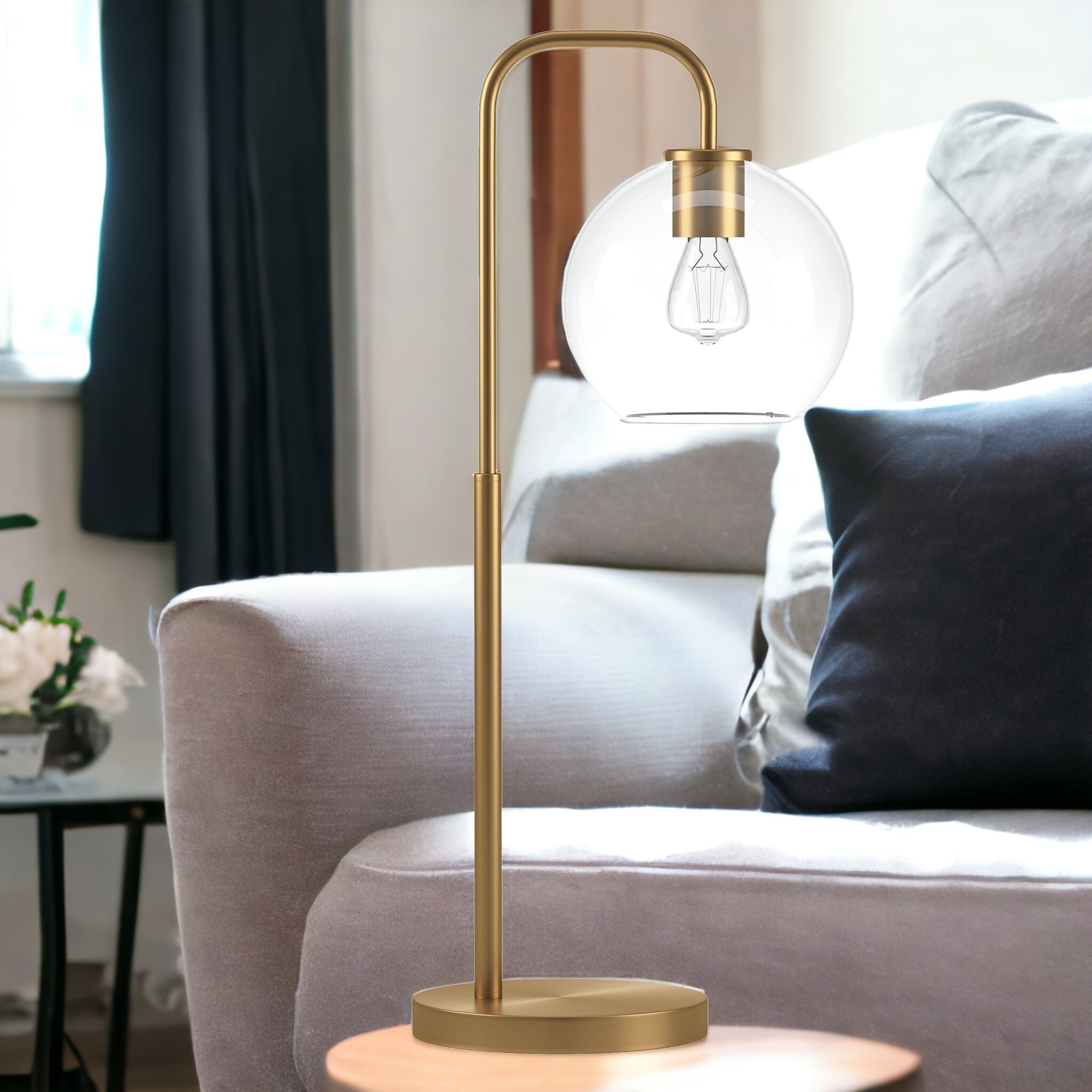 27" Brass Metal Arched Table Lamp With Clear Globe Shade - Minihomy