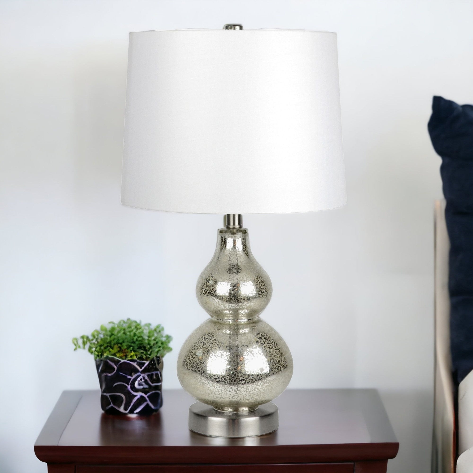 21" Nickel Glass Table Lamp With White Drum Shade - Minihomy