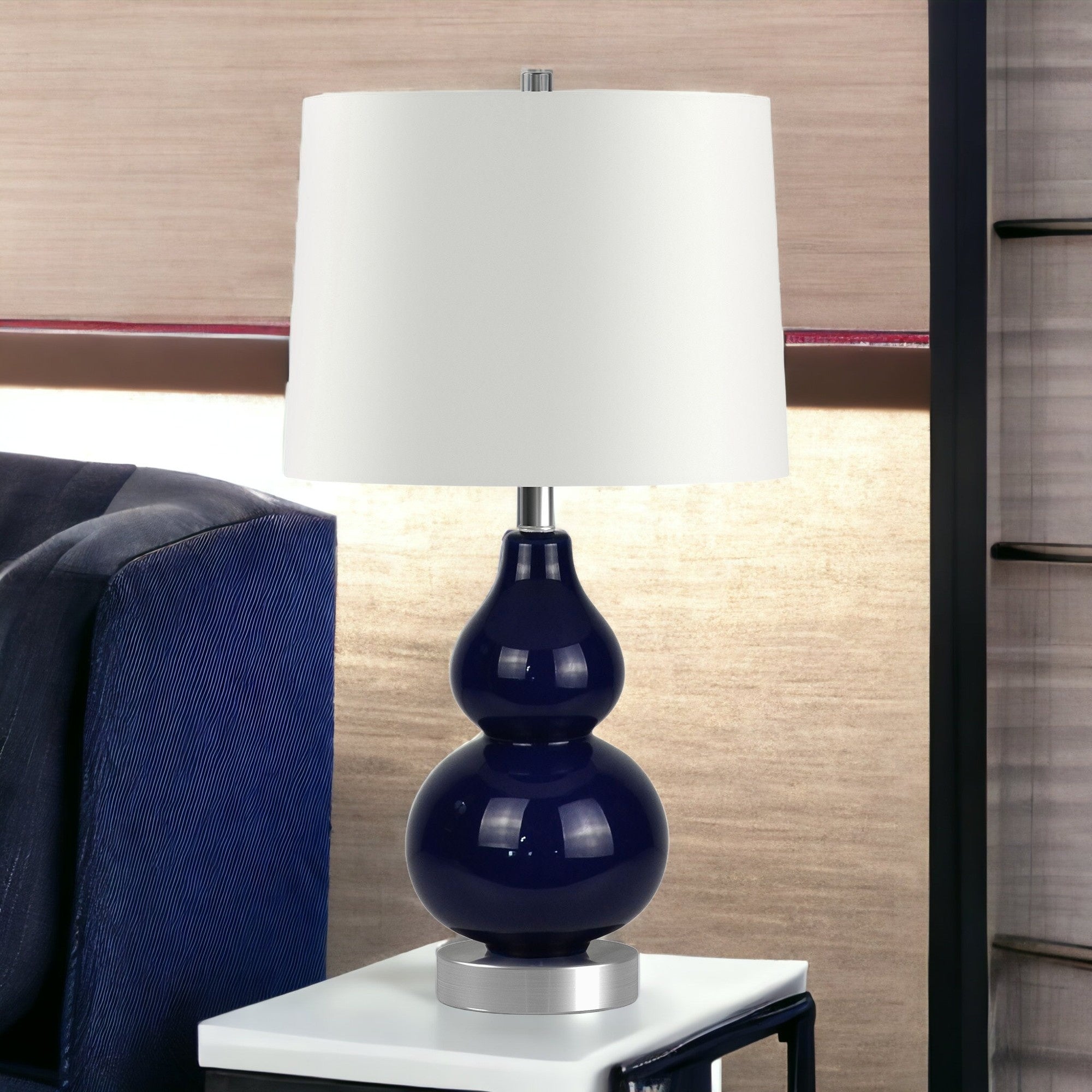 21" Blue and Silver Glass Table Lamp With White Drum Shade - Minihomy