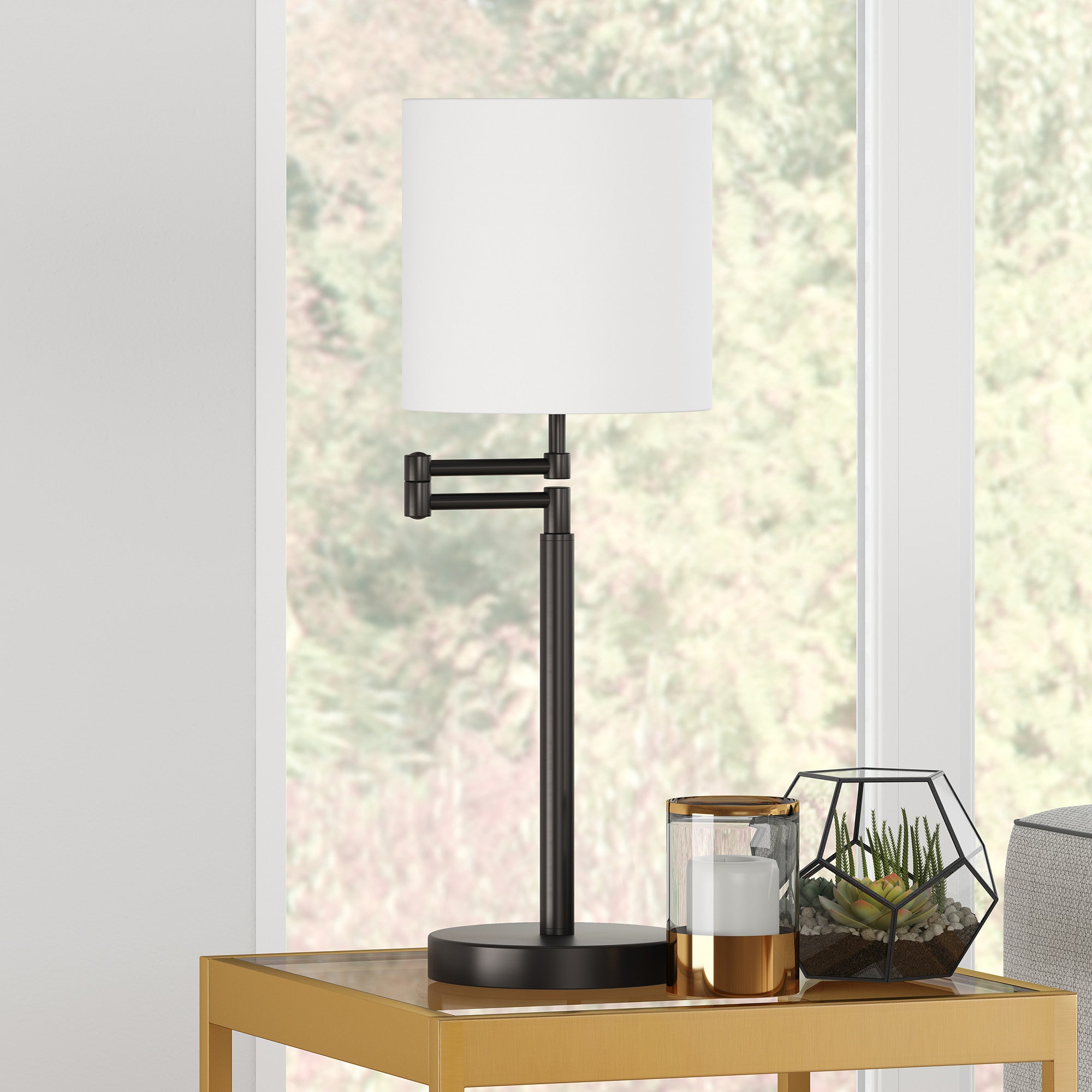 25" Black Metal Table Lamp With White Drum Shade - Minihomy