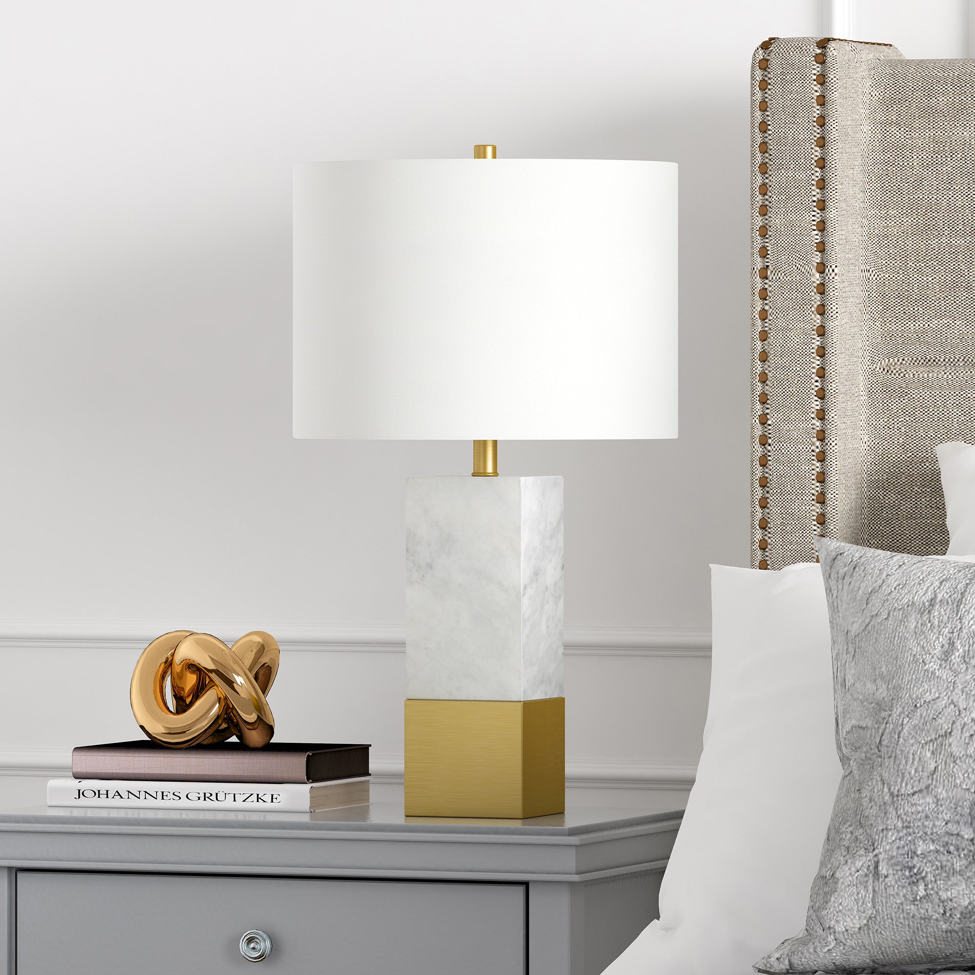 21" Gold and White Marble Table Lamp With White Drum Shade - Minihomy