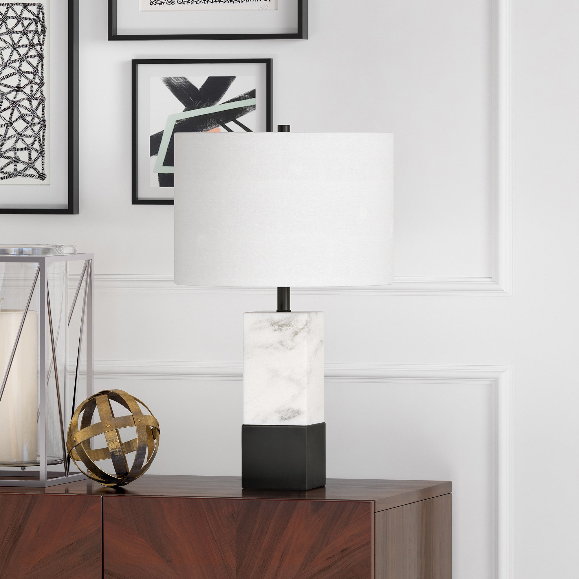 21" Black and White Marble Table Lamp With White Drum Shade - Minihomy