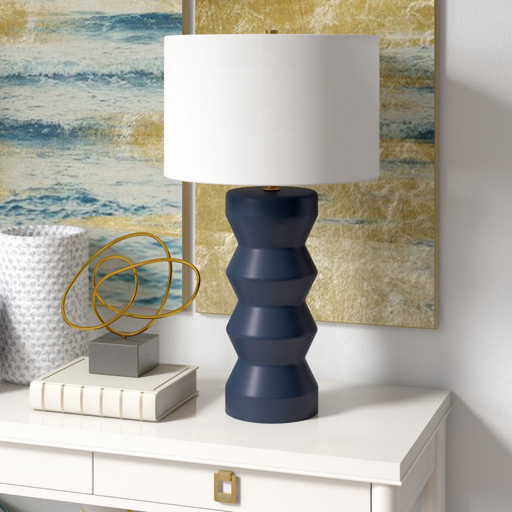 28" Navy Blue Ceramic Table Lamp With White Drum Shade - Minihomy