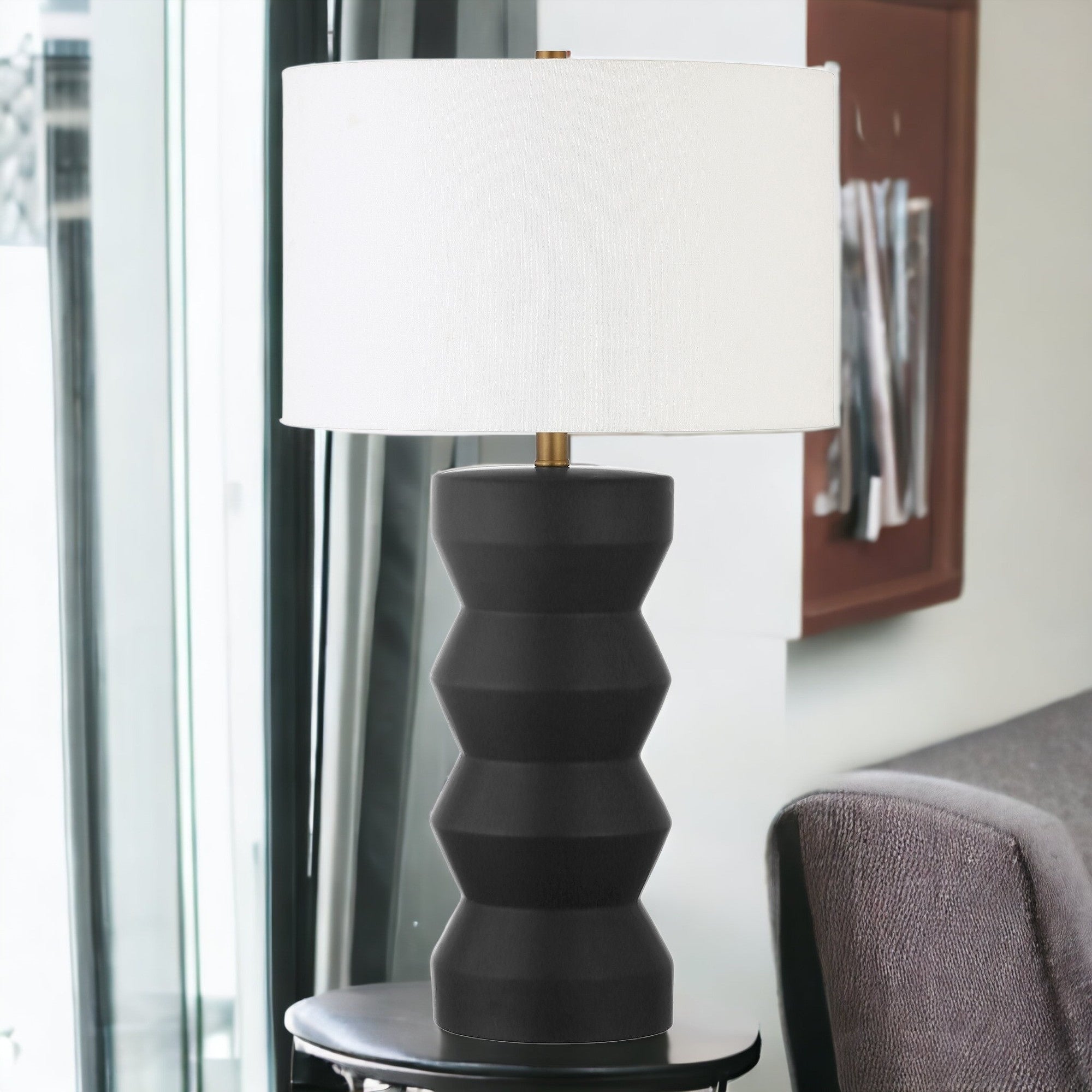 28" Black Ceramic Table Lamp With White Drum Shade - Minihomy