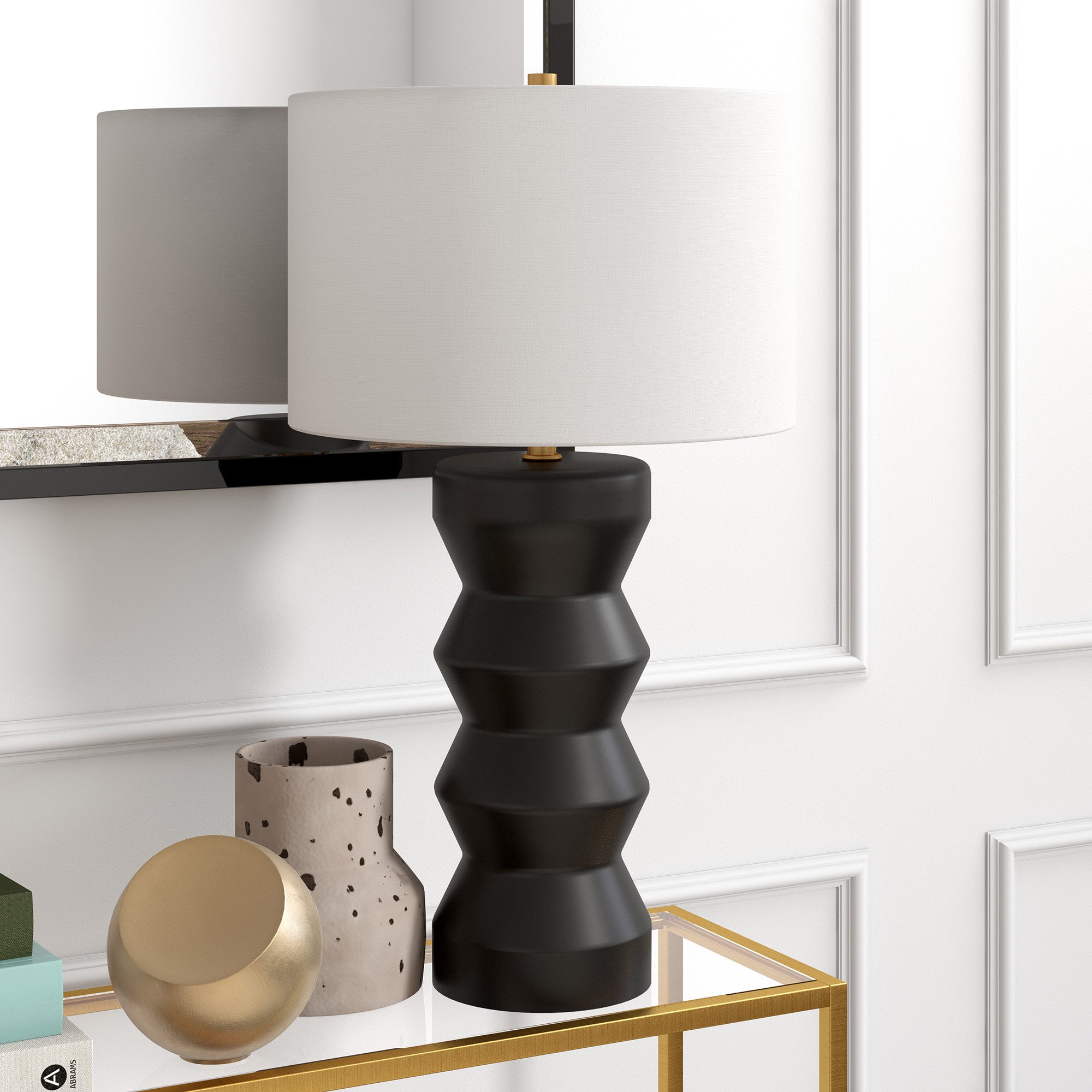 28" Black Ceramic Table Lamp With White Drum Shade - Minihomy