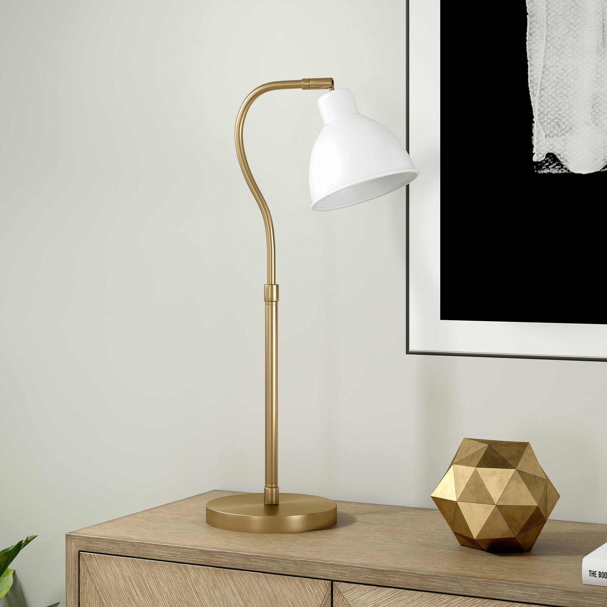 25" Brass Metal Arched Table Lamp With White Dome Shade - Minihomy