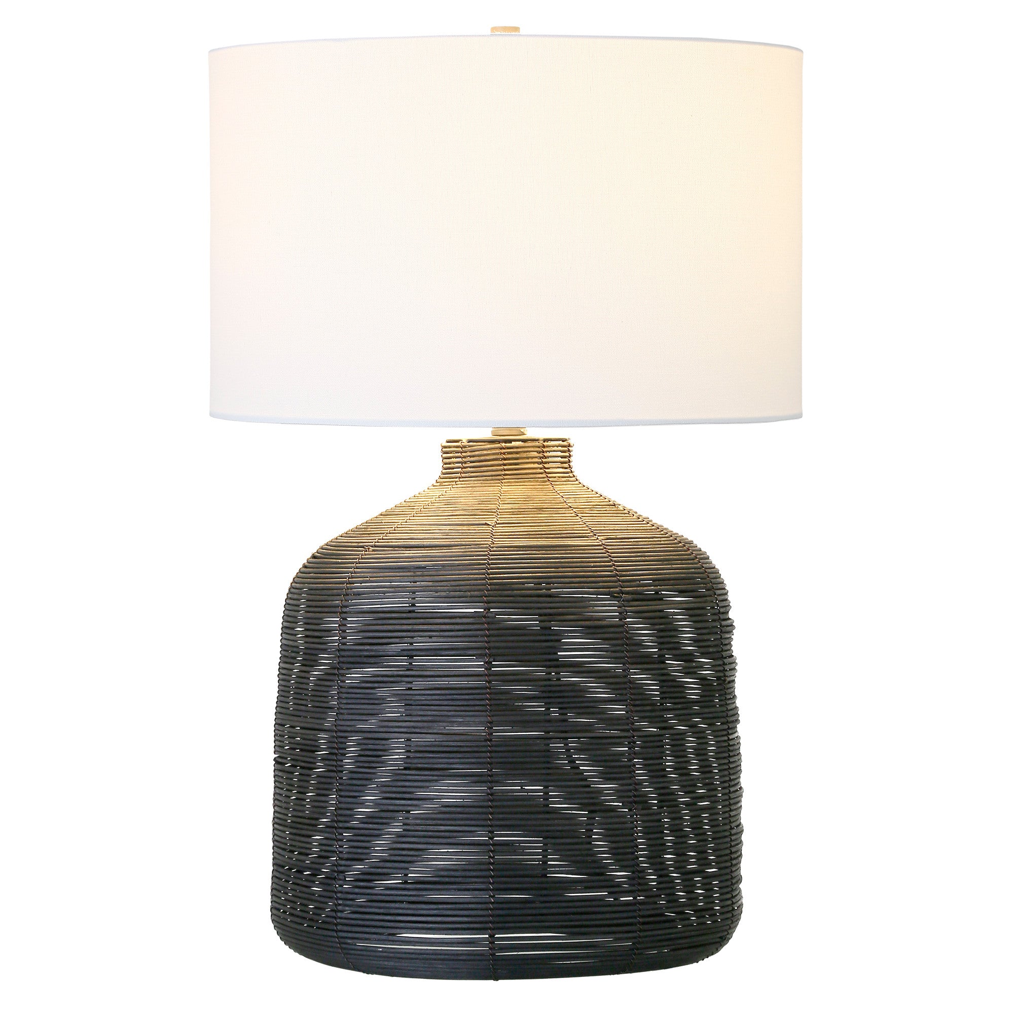 27" Black Rattan Table Lamp With White Drum Shade - Minihomy