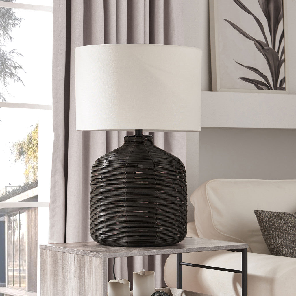 27" Black Rattan Table Lamp With White Drum Shade - Minihomy