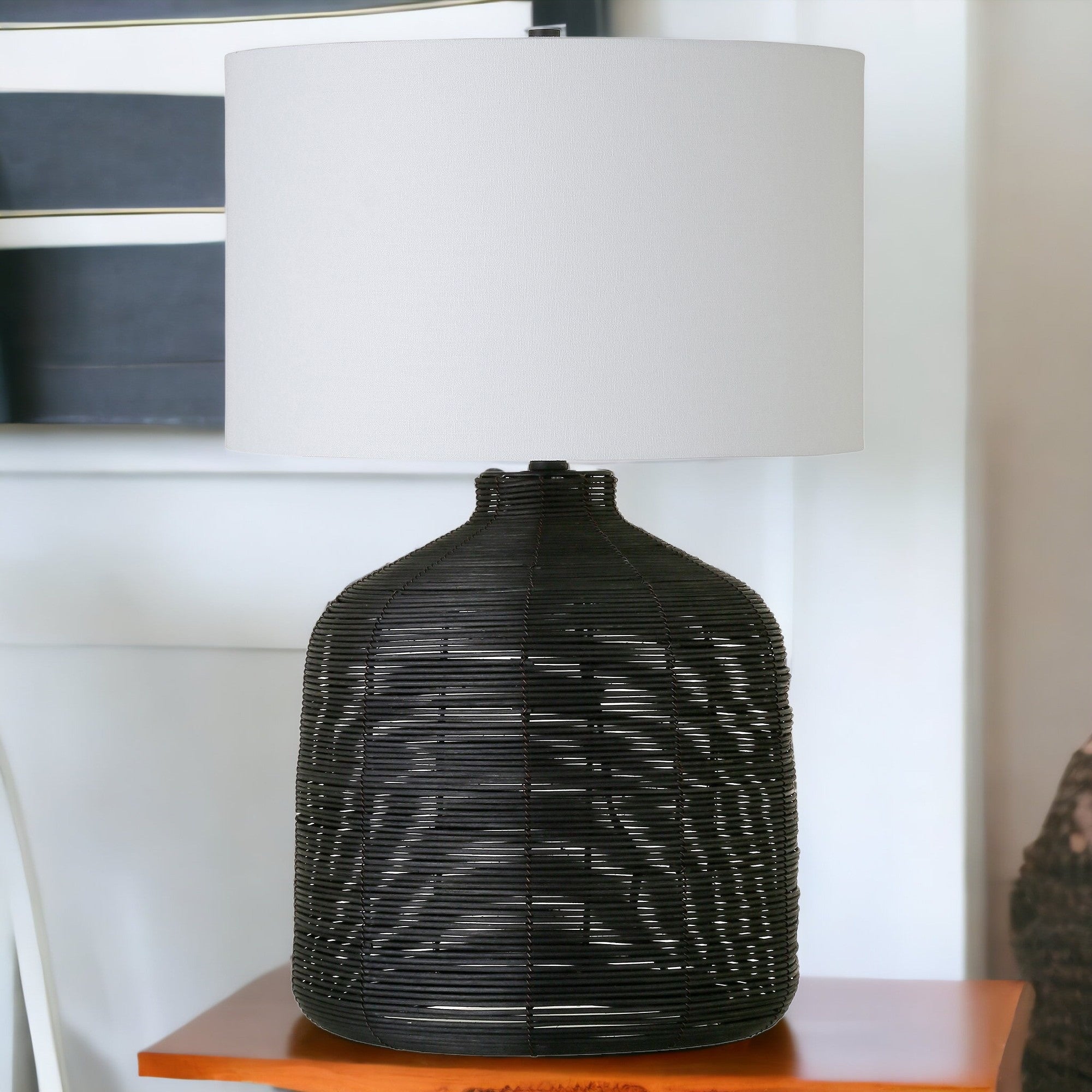 27" Black Rattan Table Lamp With White Drum Shade - Minihomy