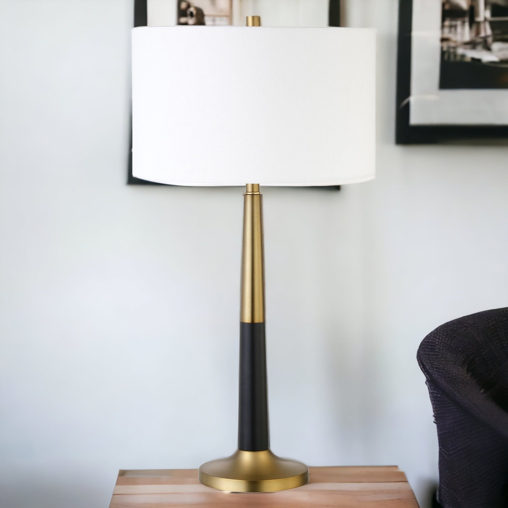 29" Black and Gold Metal Table Lamp With White Drum Shade - Minihomy