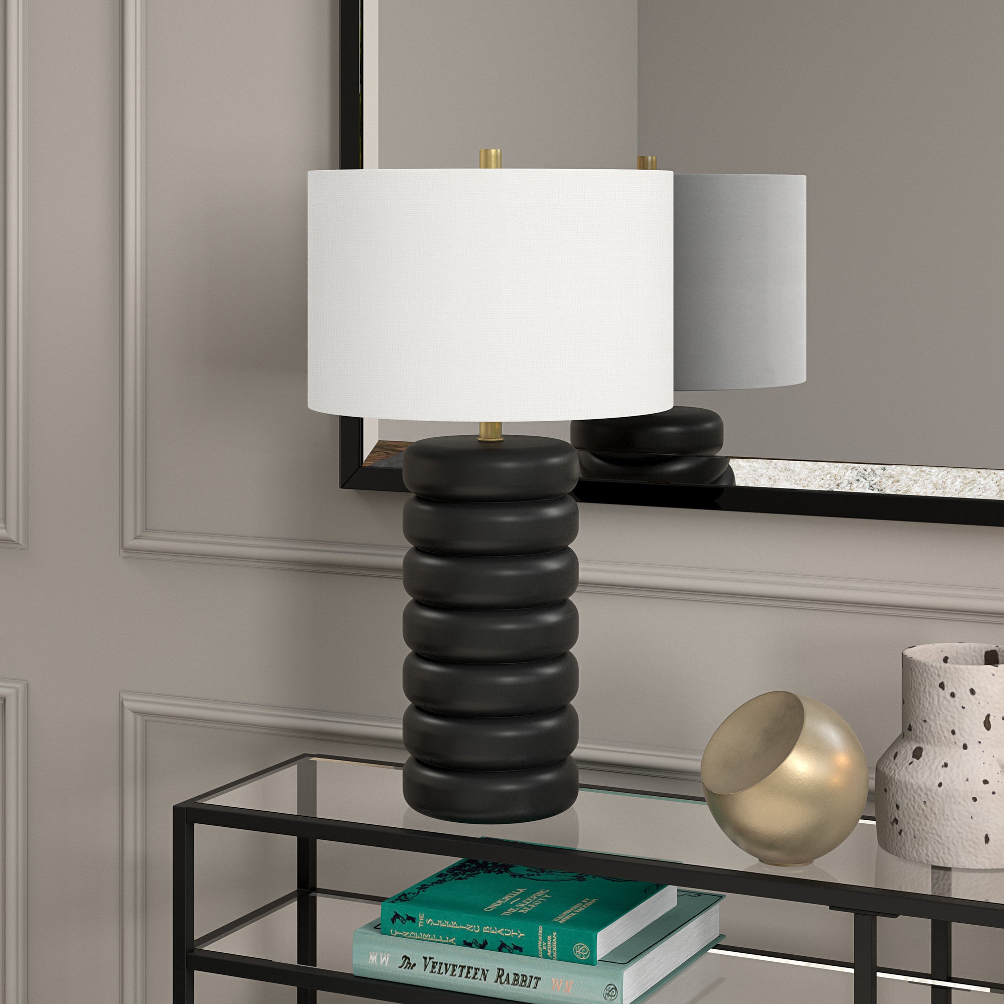 25" Black Ceramic Table Lamp With White Drum Shade - Minihomy