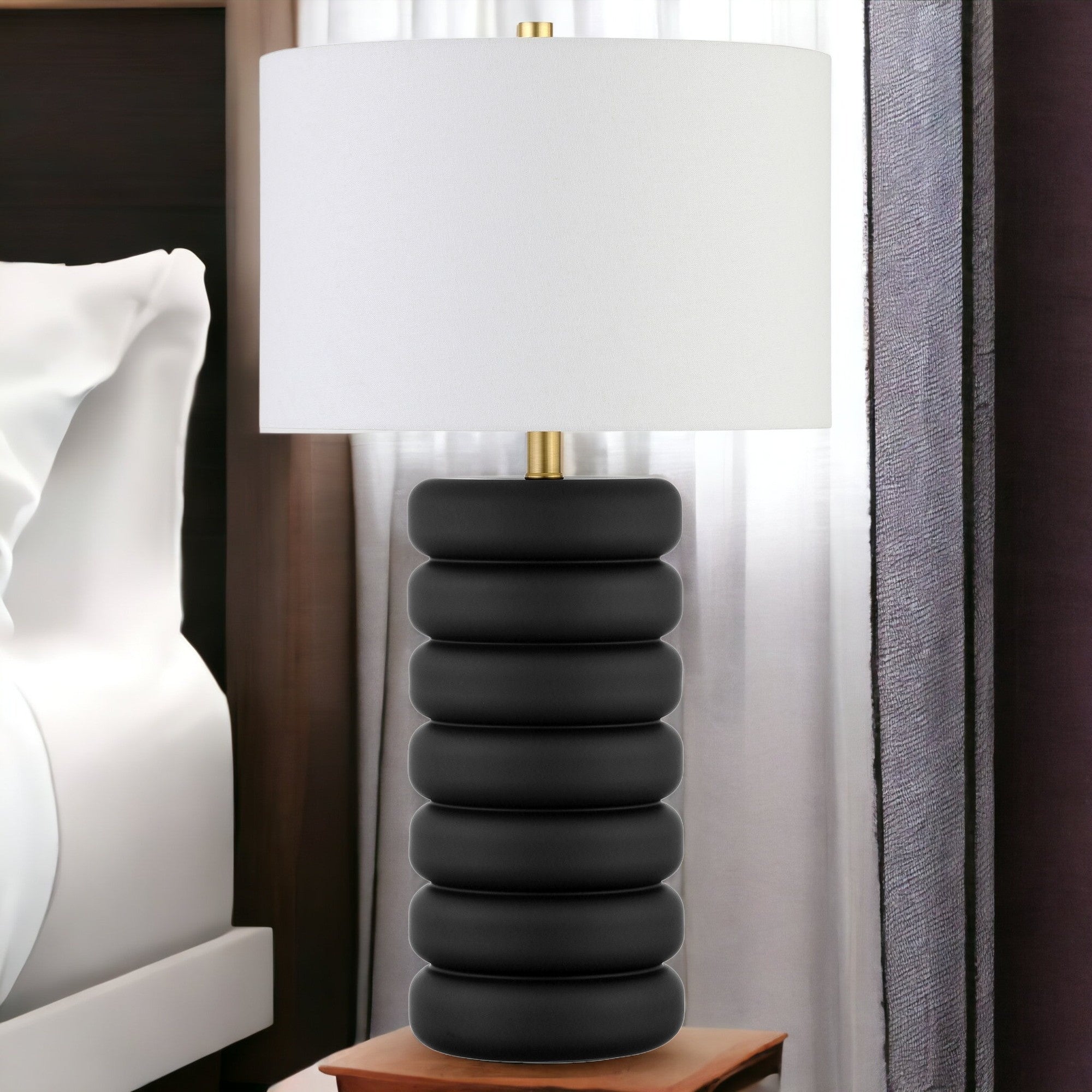 25" Black Ceramic Table Lamp With White Drum Shade - Minihomy