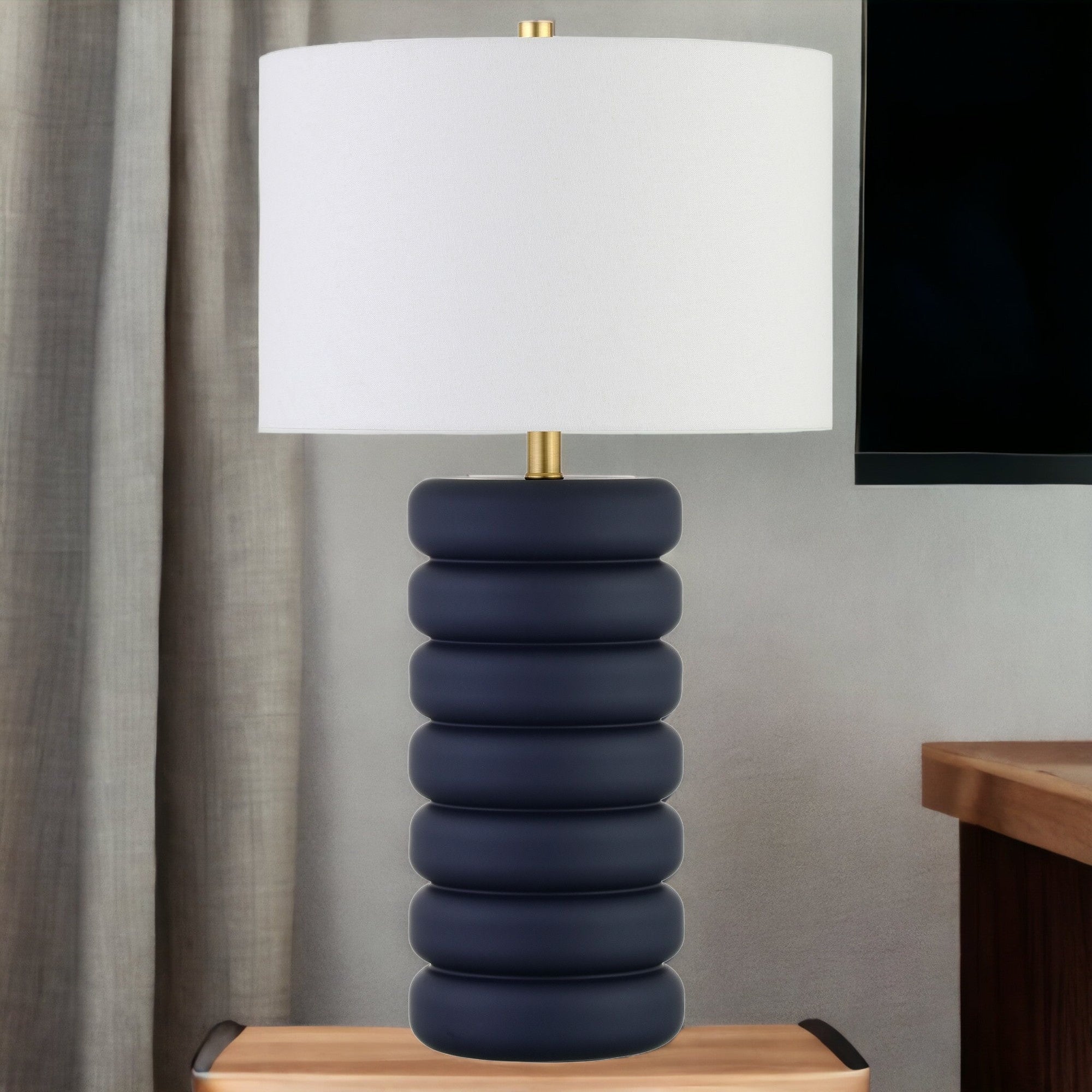 25" Navy Blue Ceramic Table Lamp With White Drum Shade - Minihomy