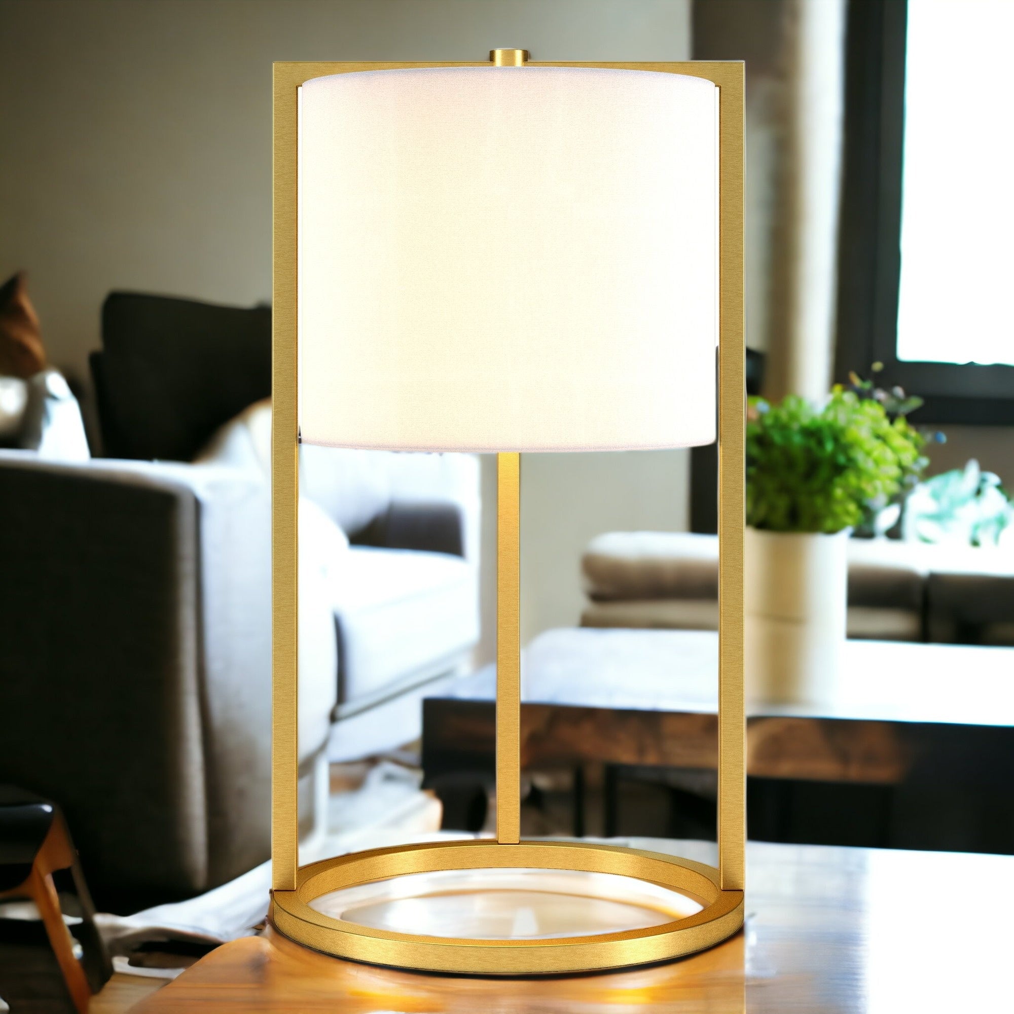 22" Brass Metal Table Lamp With White Drum Shade - Minihomy