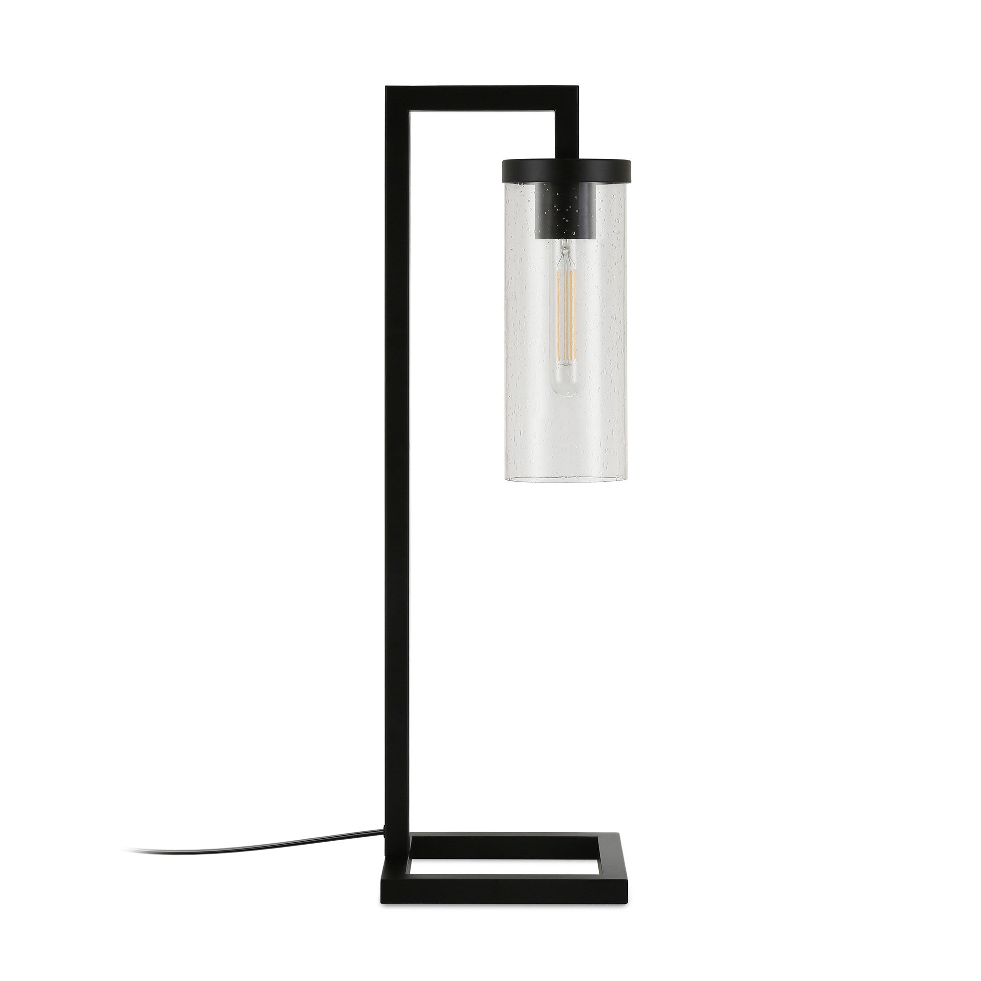 26" Black Metal Arched Table Lamp With Clear Seeded Cylinder Shade - Minihomy