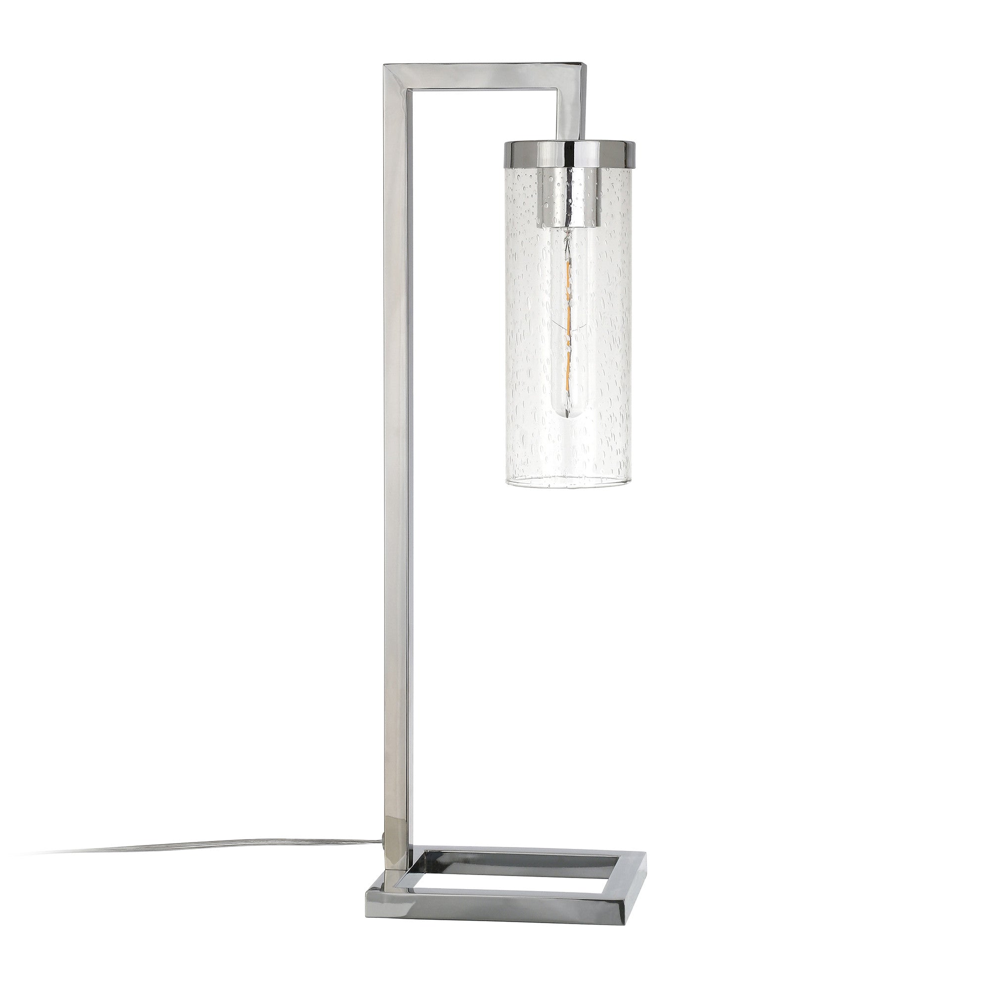 26" Nickel Metal Arched Table Lamp With Clear Seeded Cylinder Shade - Minihomy