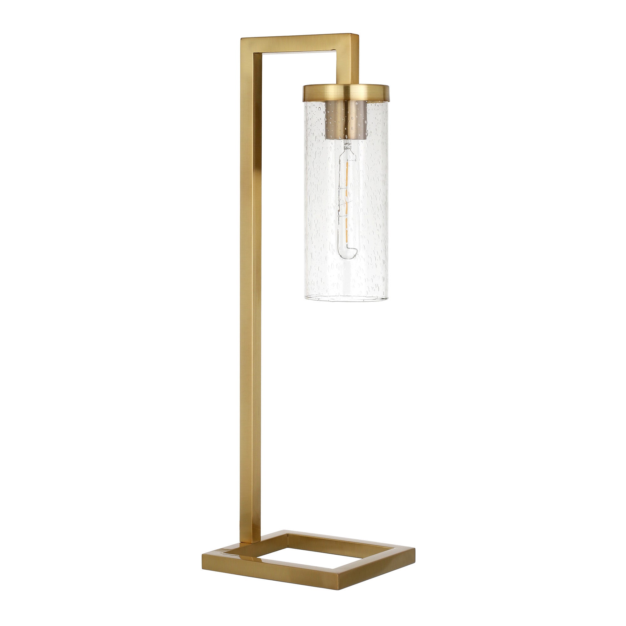 26" Brass Metal Arched Table Lamp With Clear Seeded Cylinder Shade - Minihomy