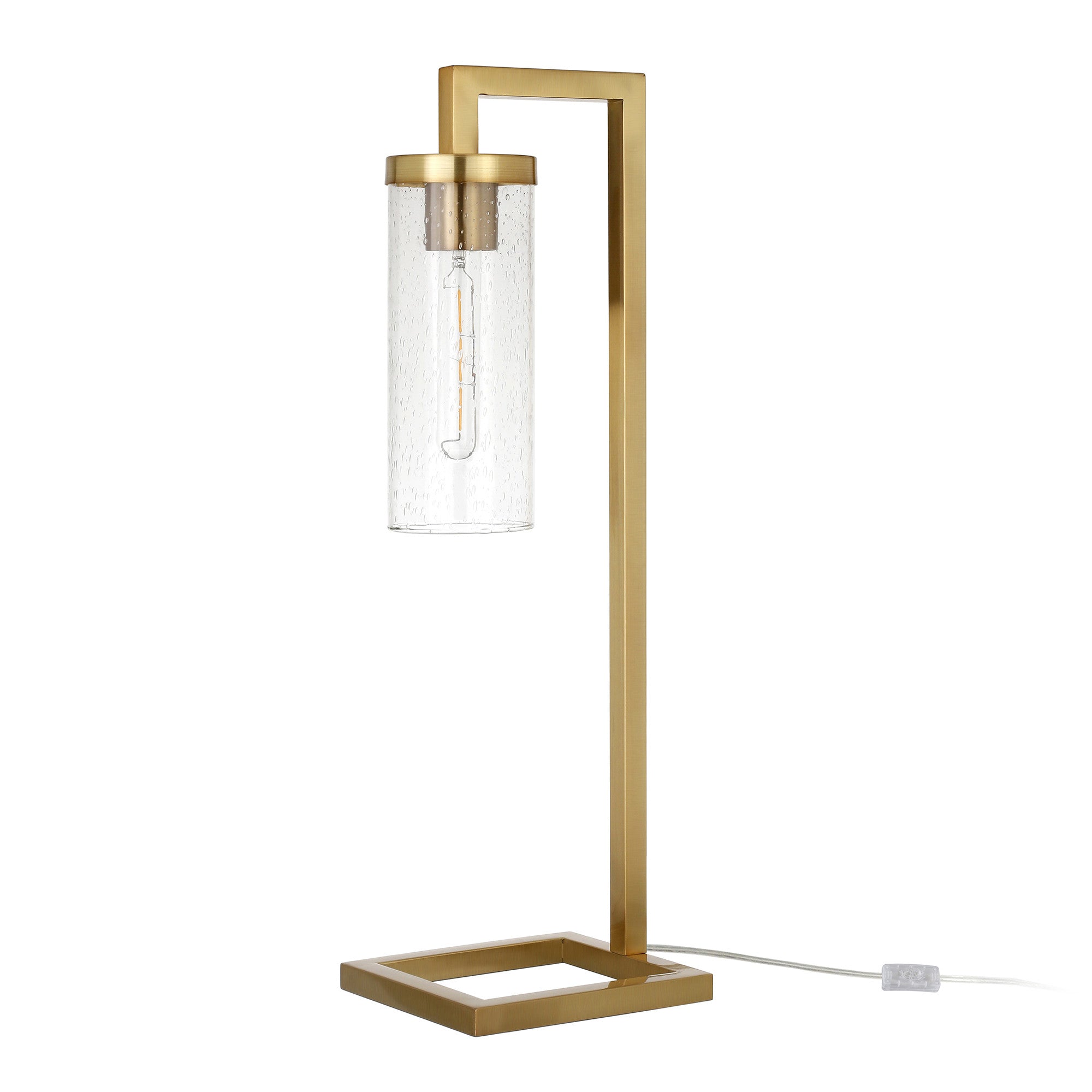 26" Brass Metal Arched Table Lamp With Clear Seeded Cylinder Shade - Minihomy