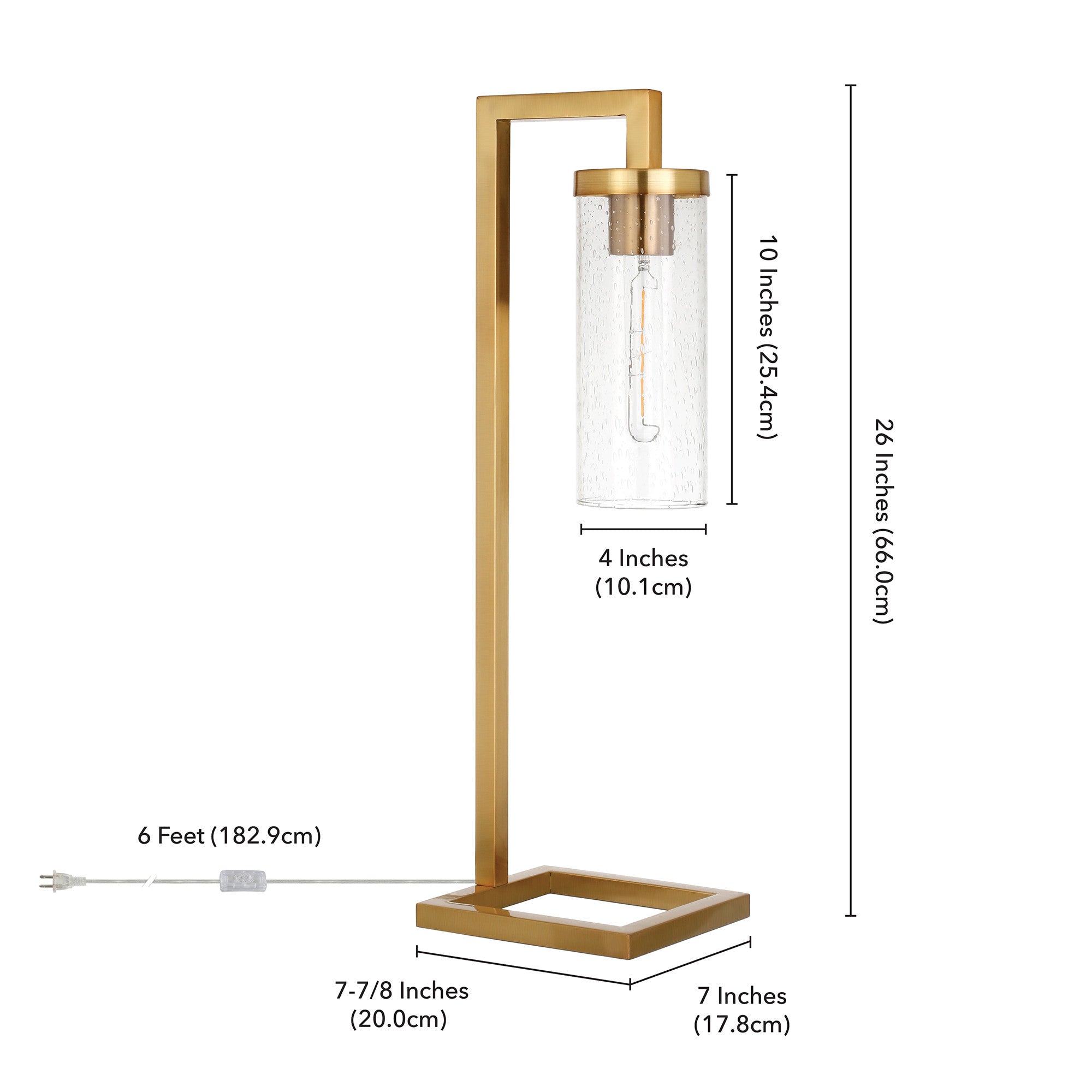 26" Brass Metal Arched Table Lamp With Clear Seeded Cylinder Shade - Minihomy