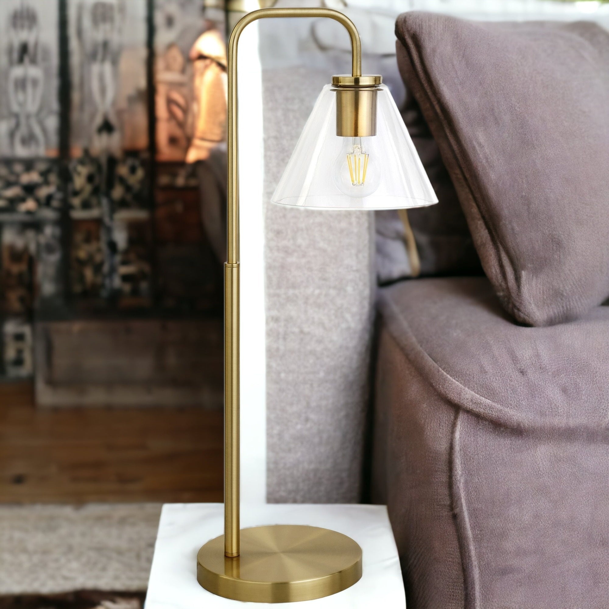 27" Brass Metal Arched Table Lamp With Clear Cone Shade - Minihomy