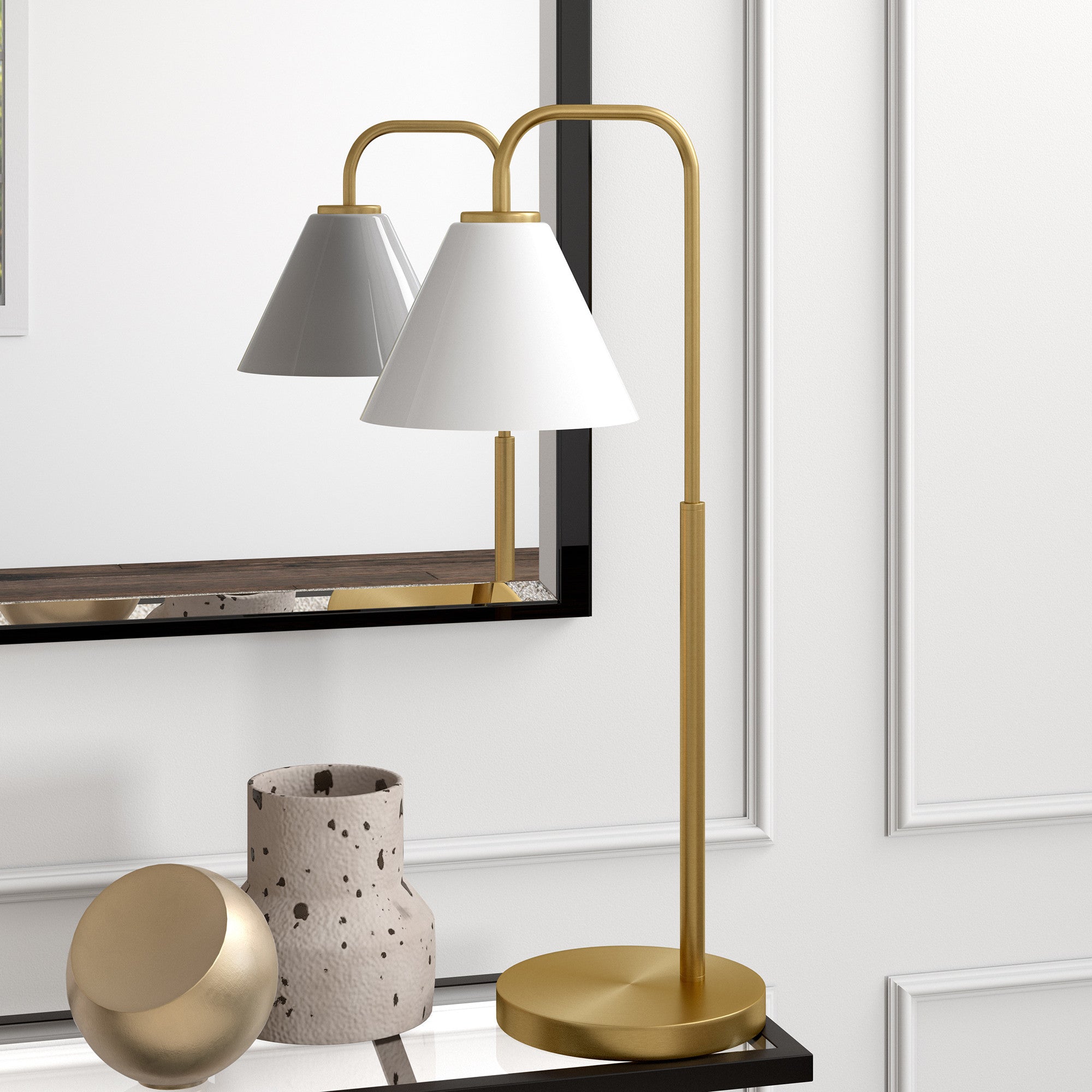 27" Brass Metal Arched Table Lamp With White Cone Shade - Minihomy