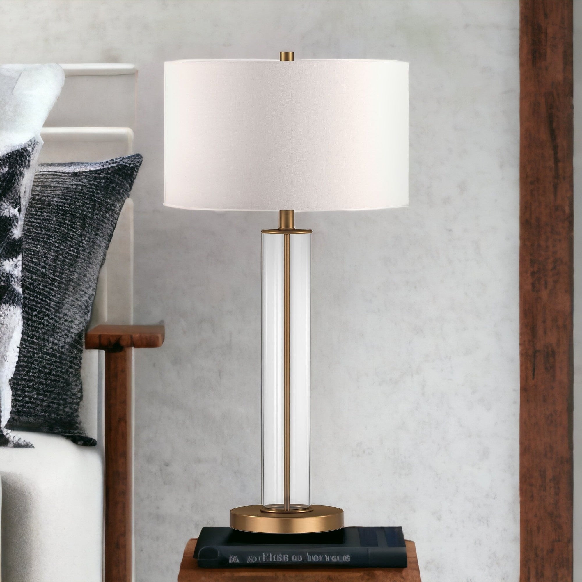 29" Brass Glass Table Lamp With White Drum Shade - Minihomy