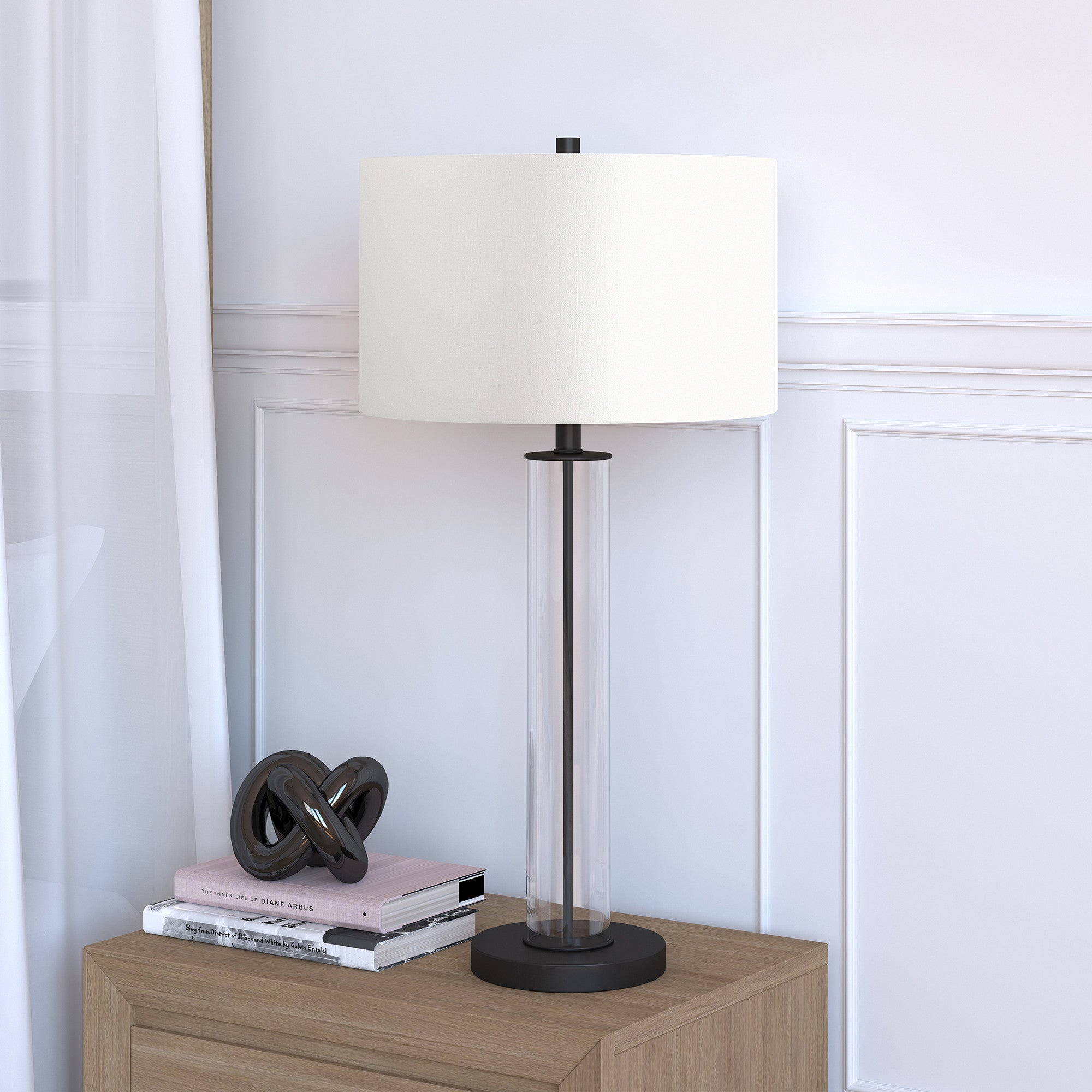 29" Black Glass Table Lamp With White Drum Shade - Minihomy