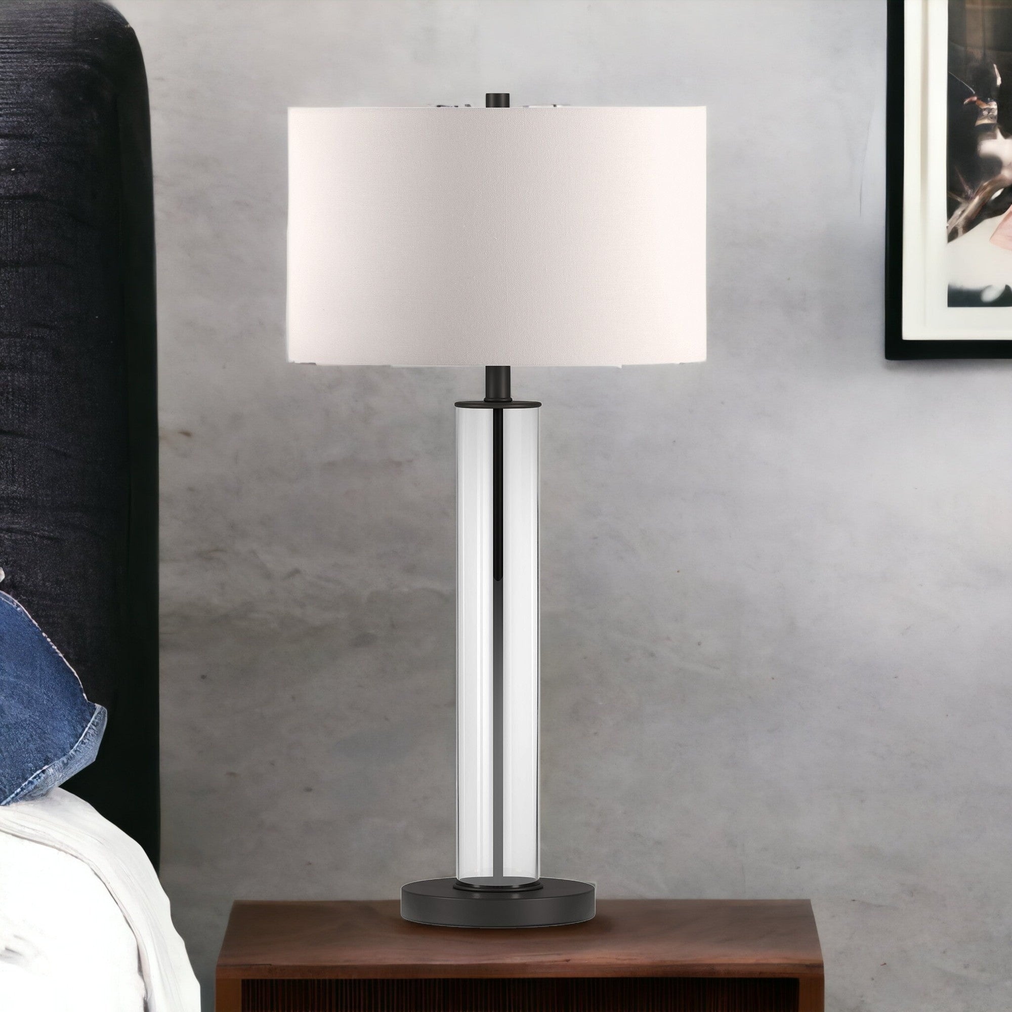 29" Black Glass Table Lamp With White Drum Shade - Minihomy