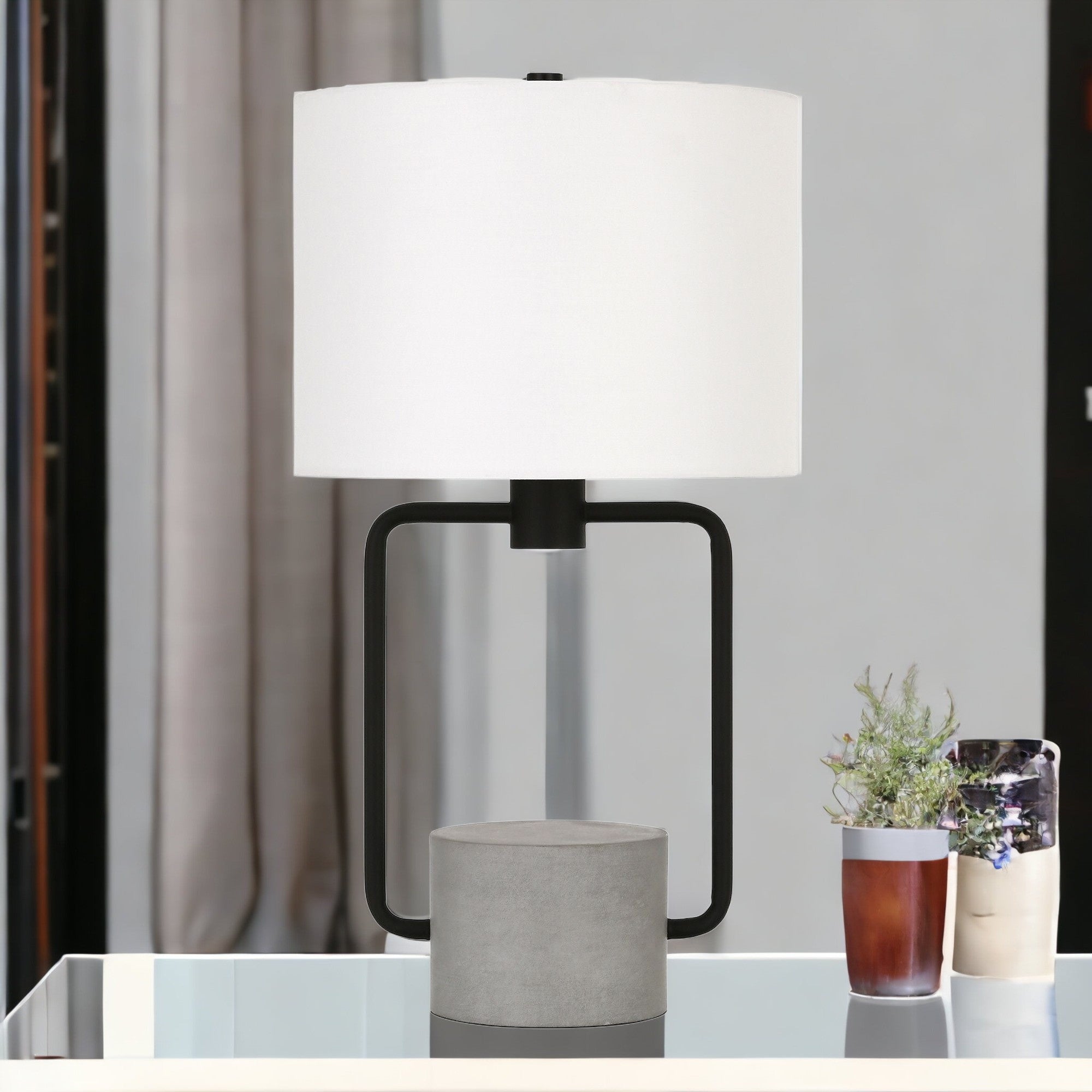 22" Black and Gray Concrete Table Lamp With White Drum Shade - Minihomy