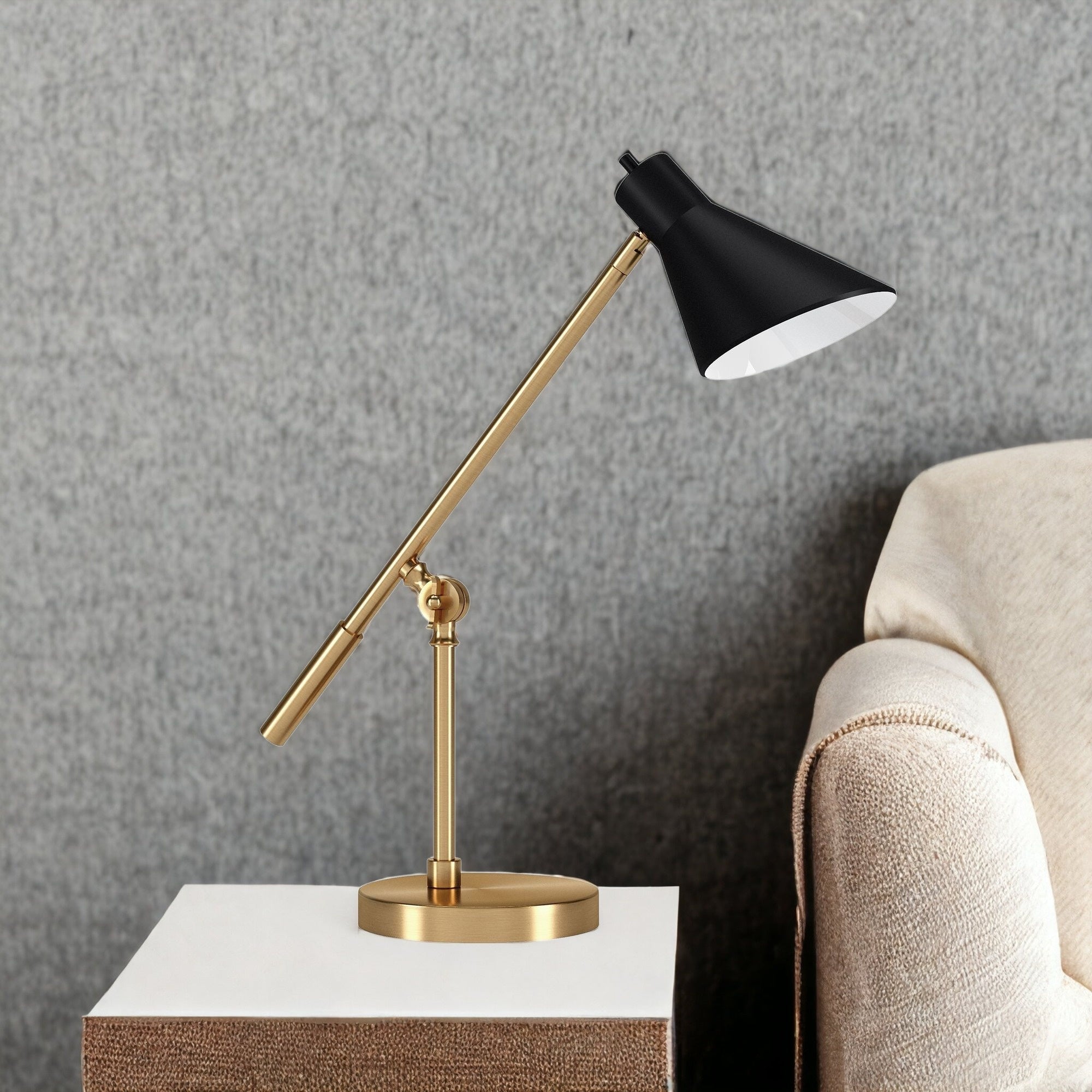 22" Brass Metal Desk Table Lamp With Black Cone Shade - Minihomy