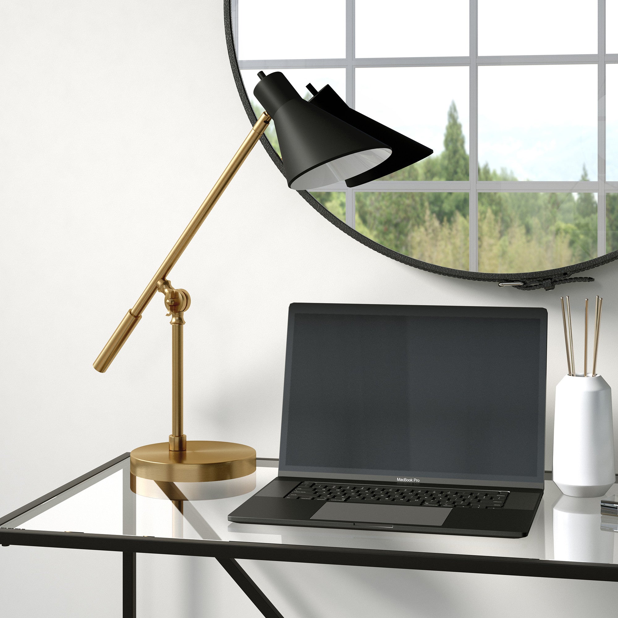 22" Brass Metal Desk Table Lamp With Black Cone Shade - Minihomy