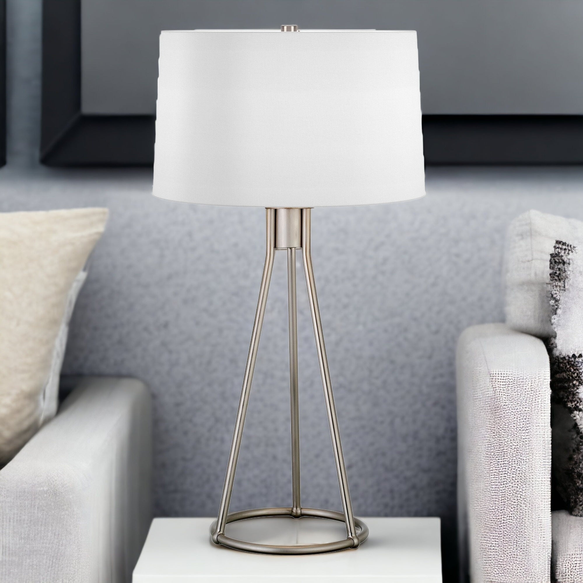 28" Nickel Metal Table Lamp With White Drum Shade - Minihomy